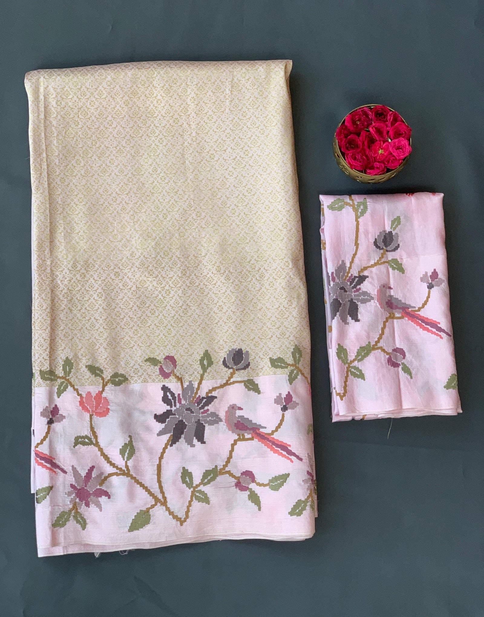 Pastel Pink Brocade Kanjeevaram with embroidery D62F037