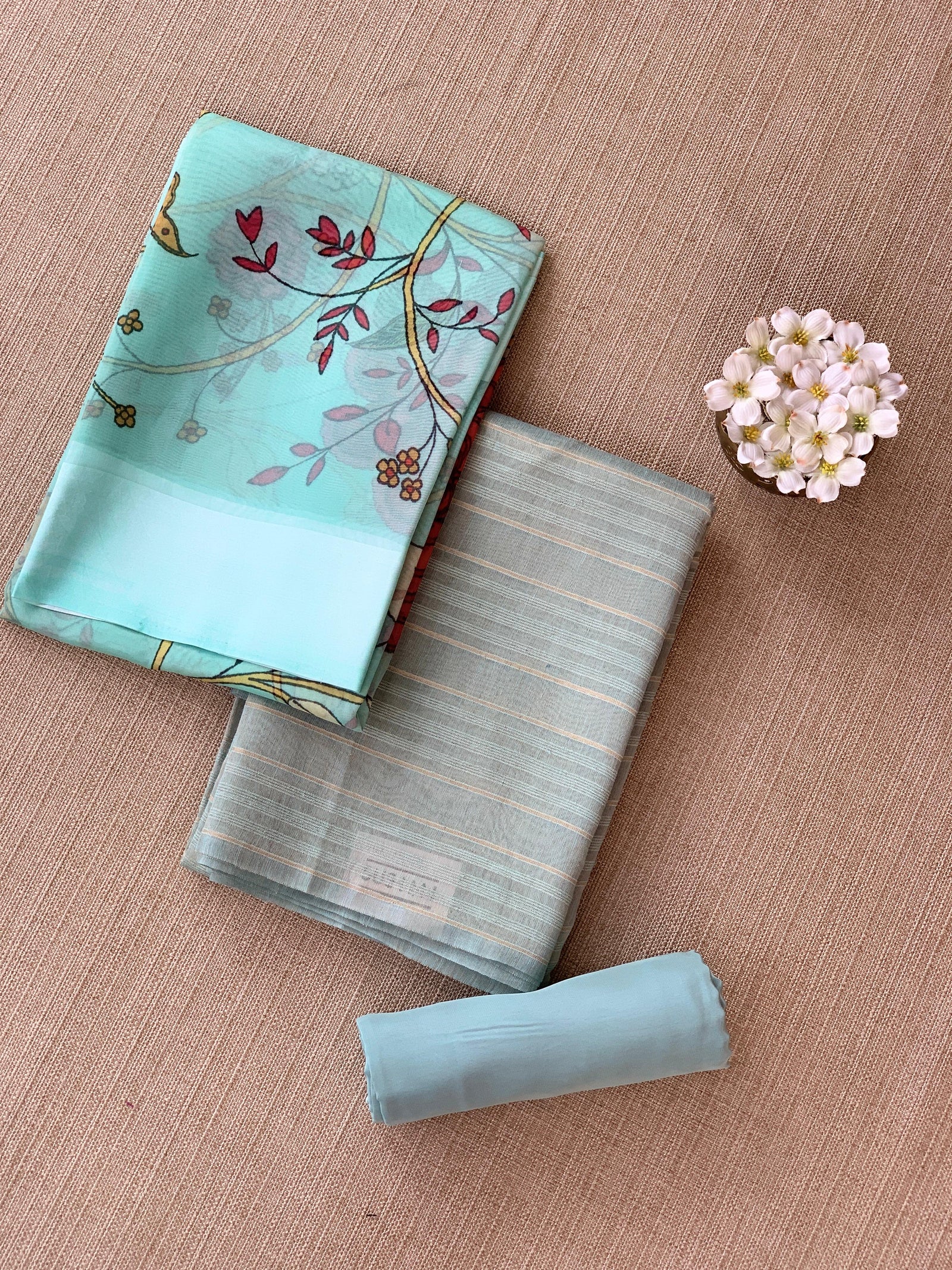 Mint Blue Banarasi Chiniya Silk 3-pc Suit set : SS62J09