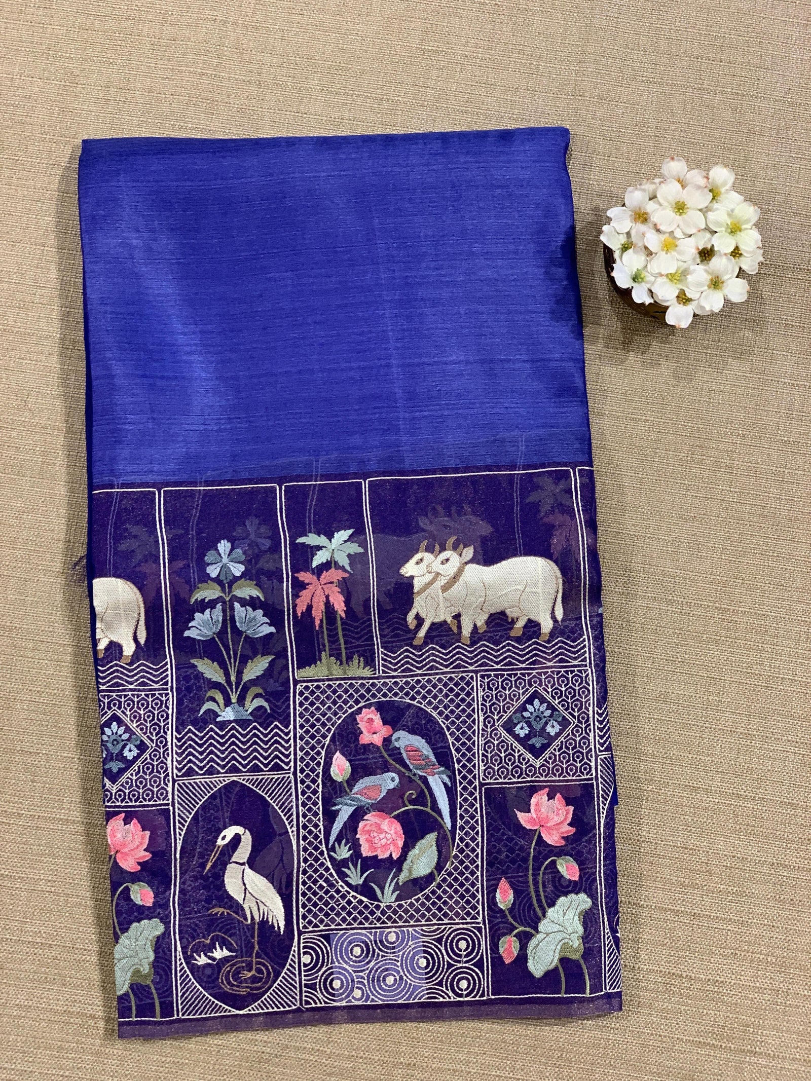 Royal Blue Kora-Tussar blend Handloom Saree with Tissue embroidered Skirt Border