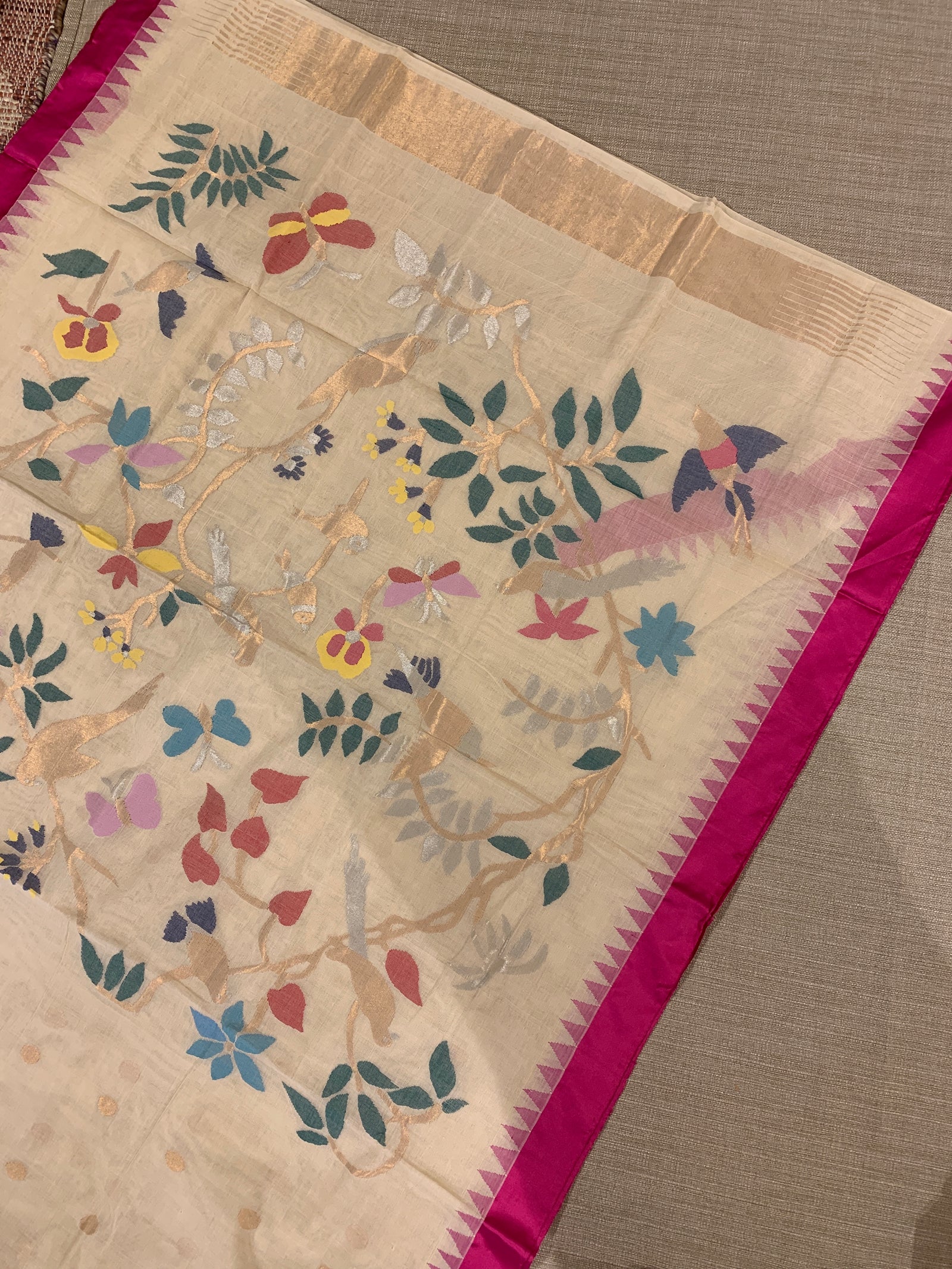 Beige Ponduru Khadi Saree with Rani Pink Temple Silk Border & Jamdani Bird Pallu