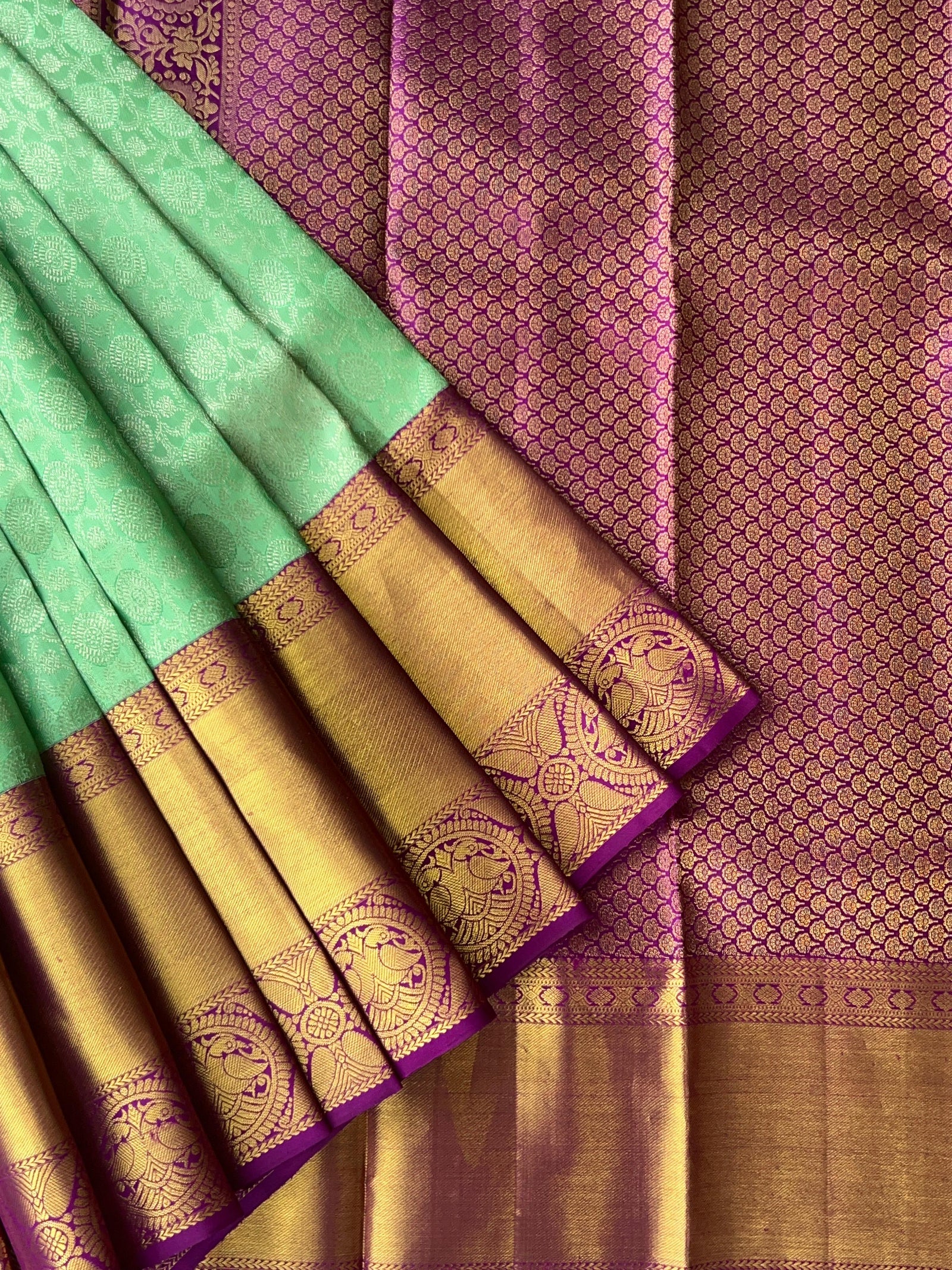 Mint Green Kanchi Pattu Brocade Saree with Rich Purple Zari Border & Pallu