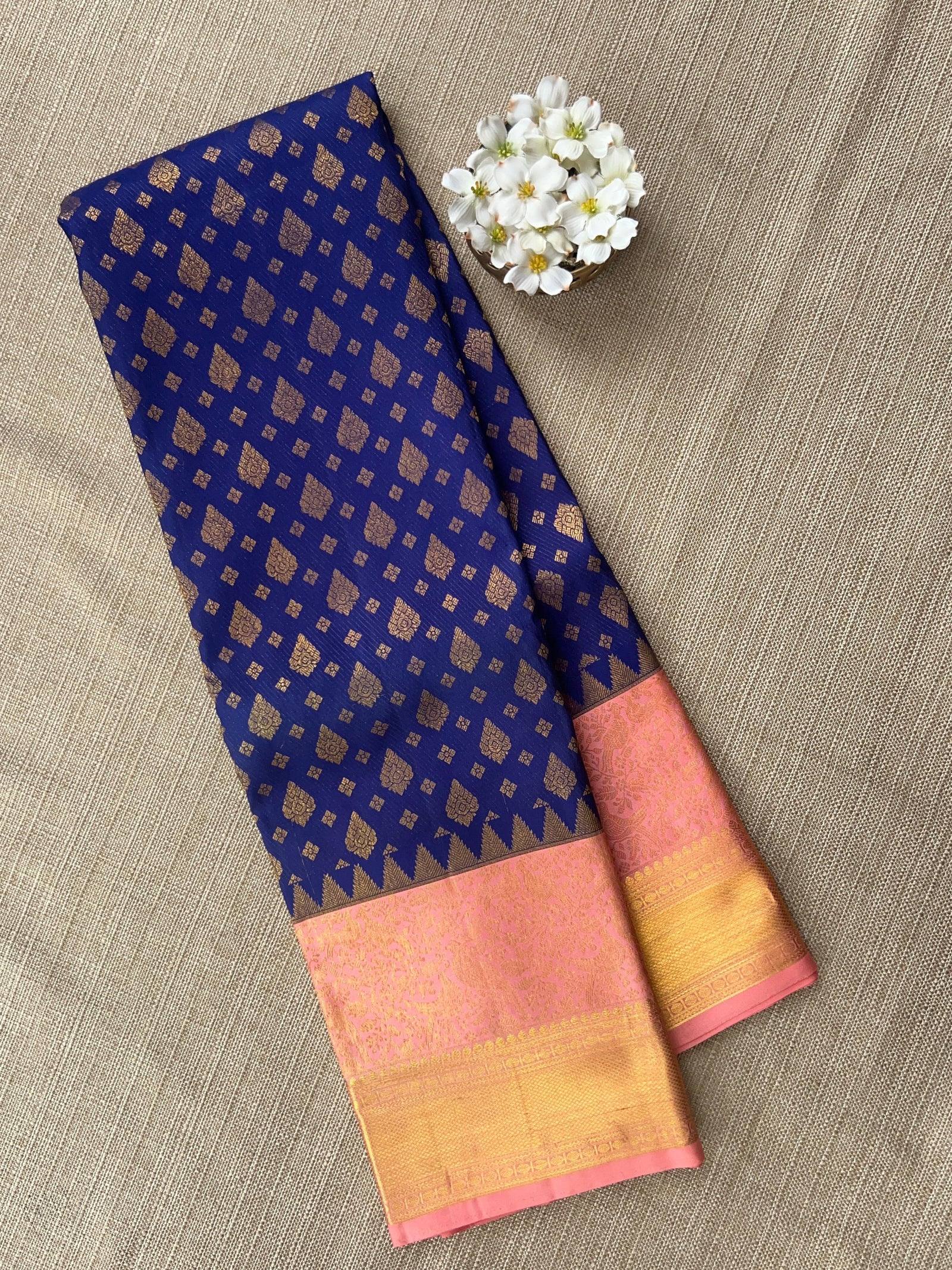 Purplish Blue & Peach Pink Pure Kanchi Pattu Saree