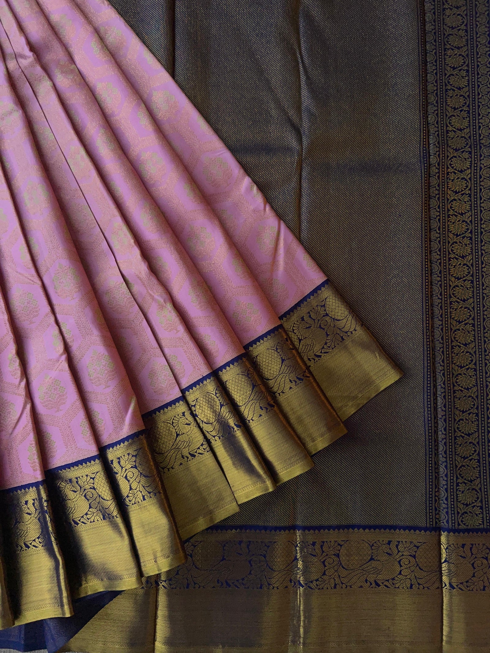 Pure Kanchi Pattu Saree – Baby Pink with Midnight Blue