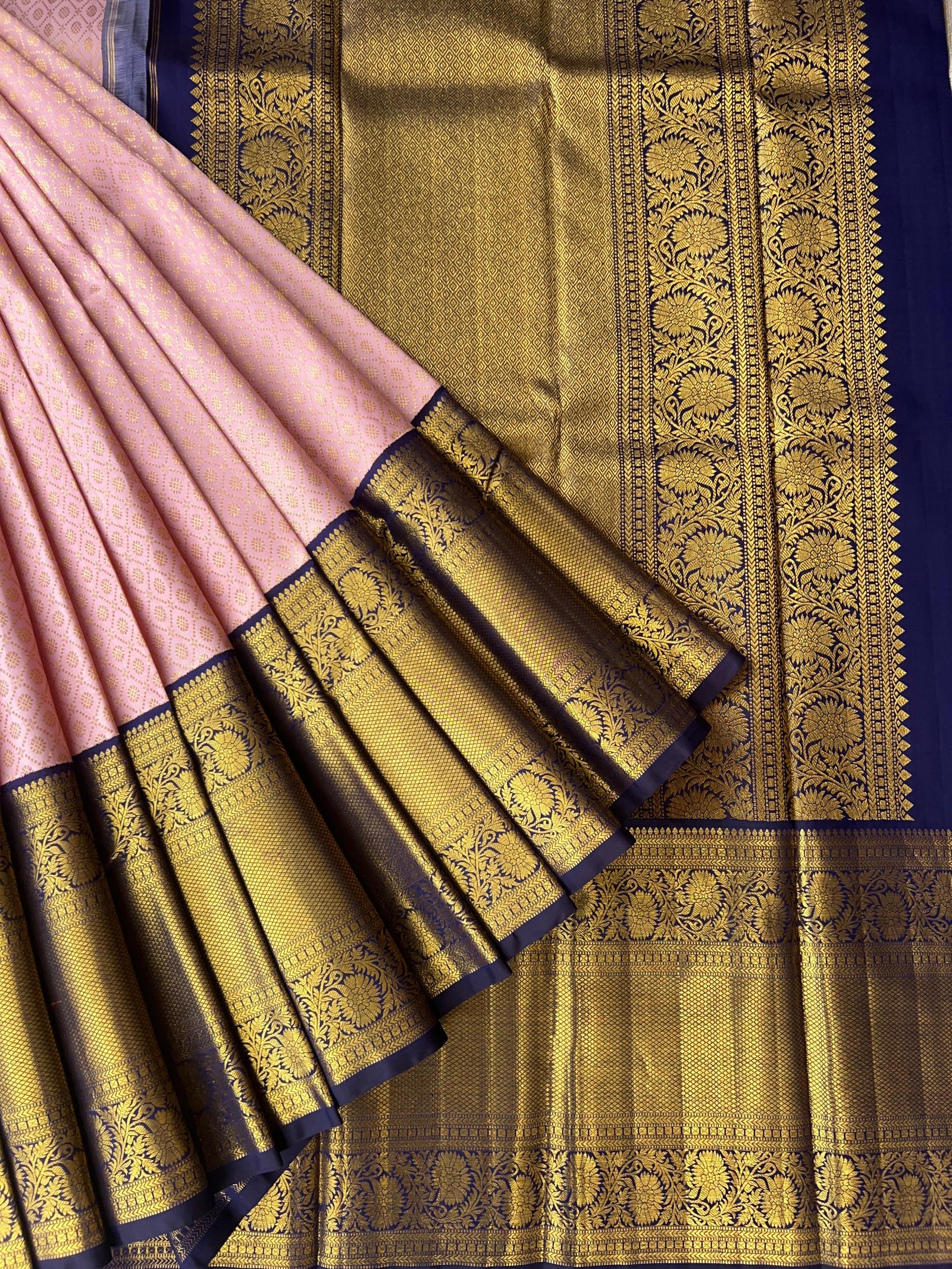 Elegant Pink Pure Kanchi Pattu Silk Saree with Midnight Blue Zari Border