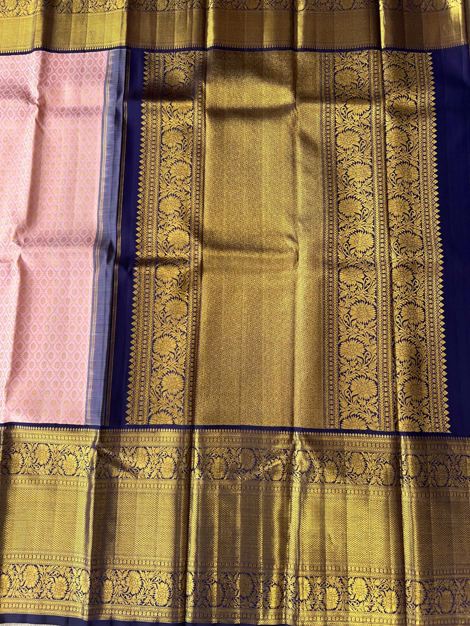 Elegant Pink Pure Kanchi Pattu Silk Saree with Midnight Blue Zari Border