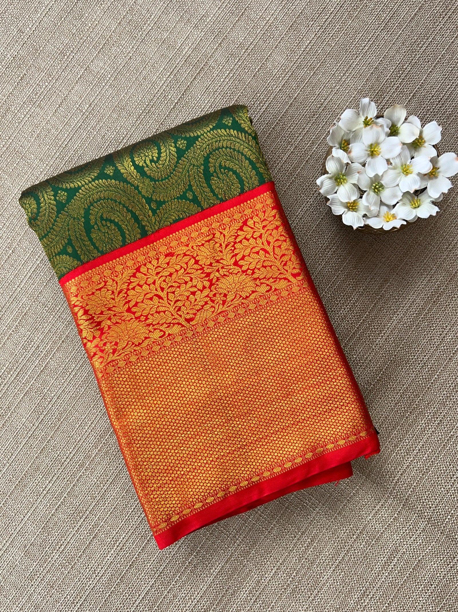 Pure Kanchi Pattu Brocade Saree - Green & Reddish Orange