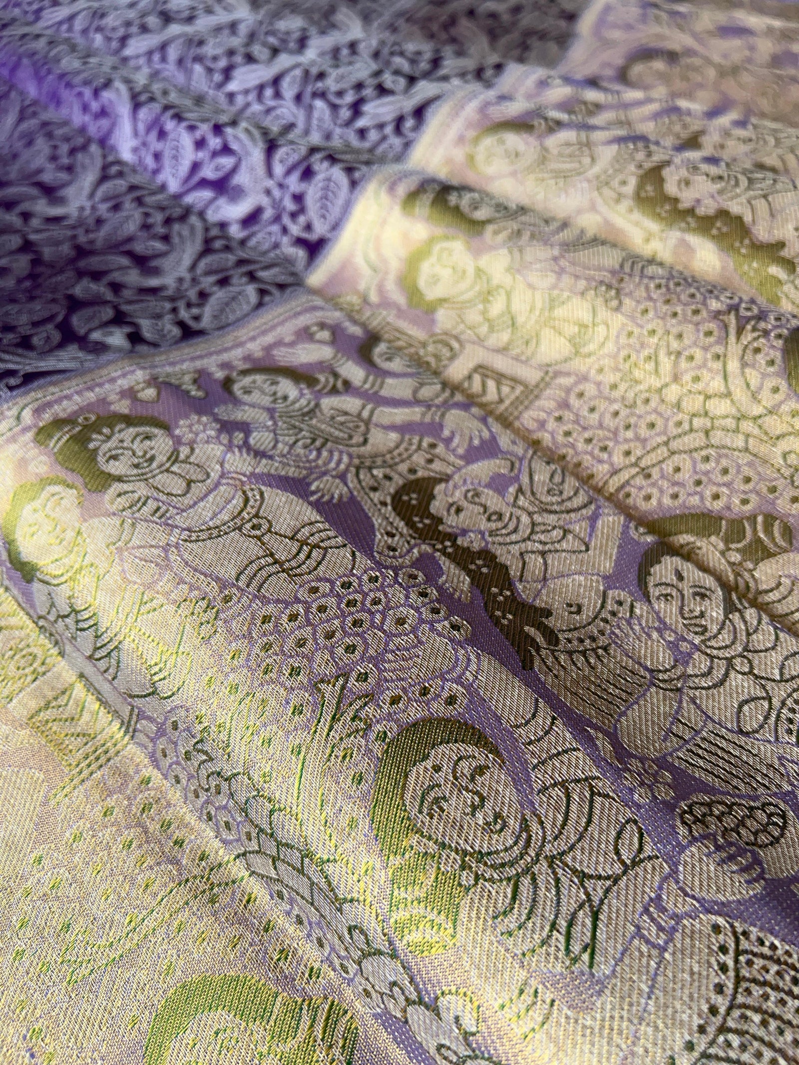 Royal Lavender Pure Kanchi Pattu Saree with Antique Gold Zari & Bird Vine Motif