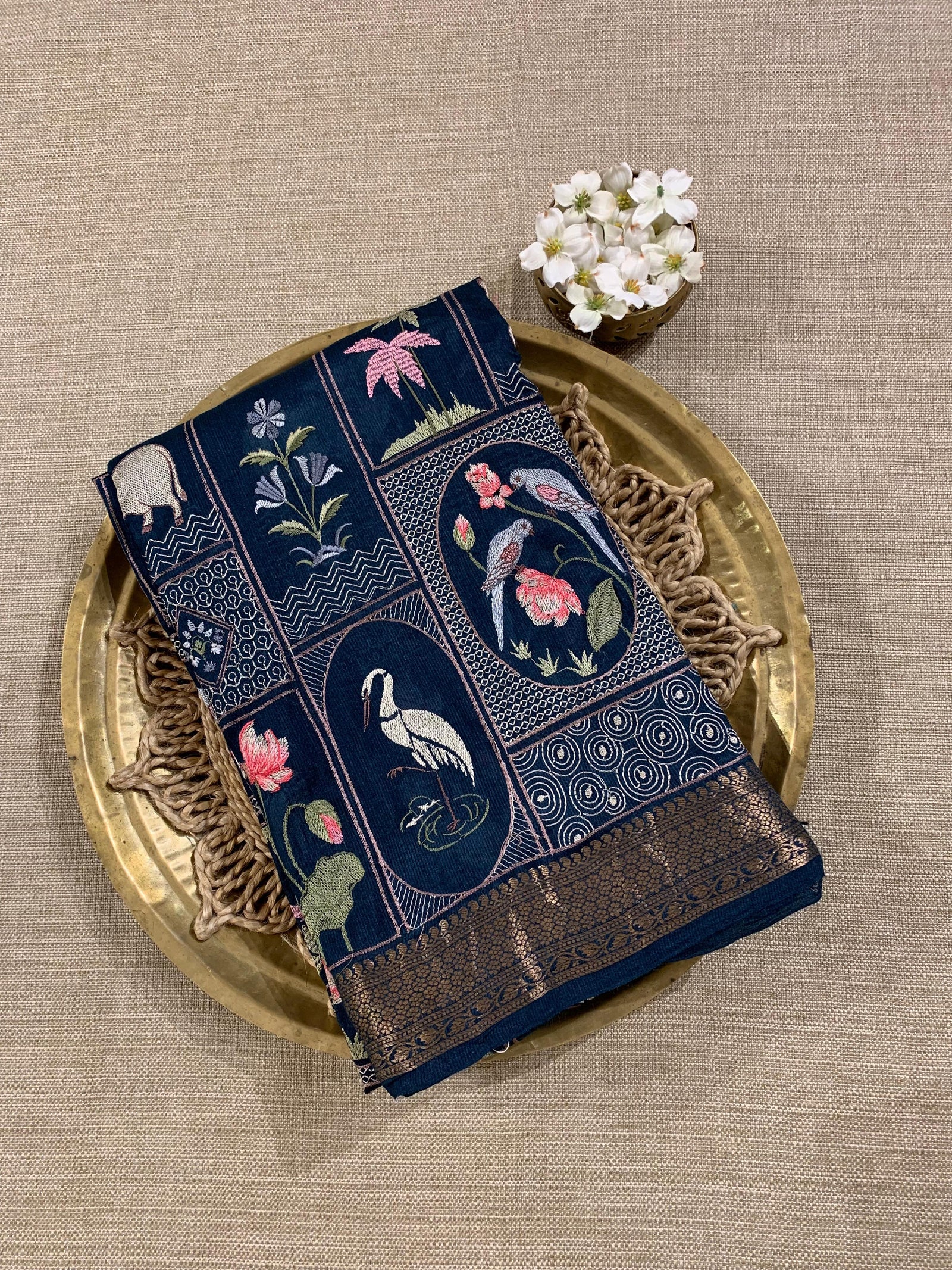 SMSEA107 Peacock Blue Pure Handloom Munga Silk Saree with Pichwai Embroidery