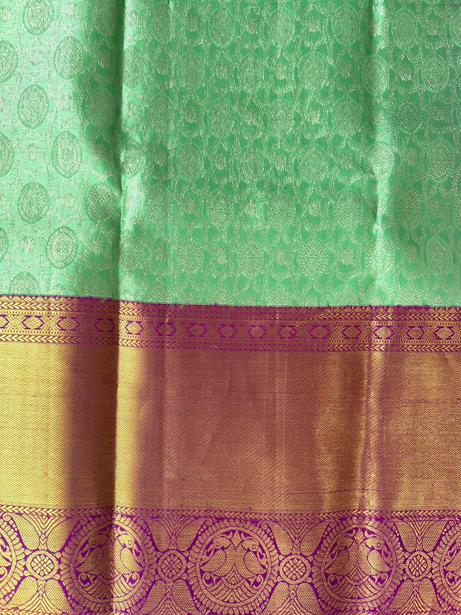 Mint Green Kanchi Pattu Brocade Saree with Rich Purple Zari Border & Pallu