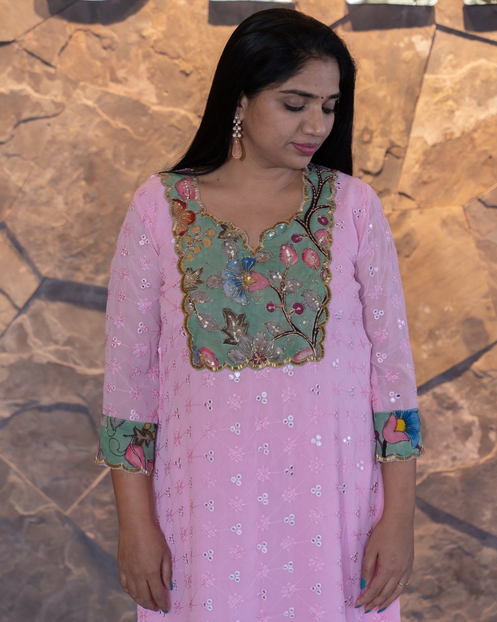 Chikankari Mirrorwork and Pen Kalamkari Fusion Coordset