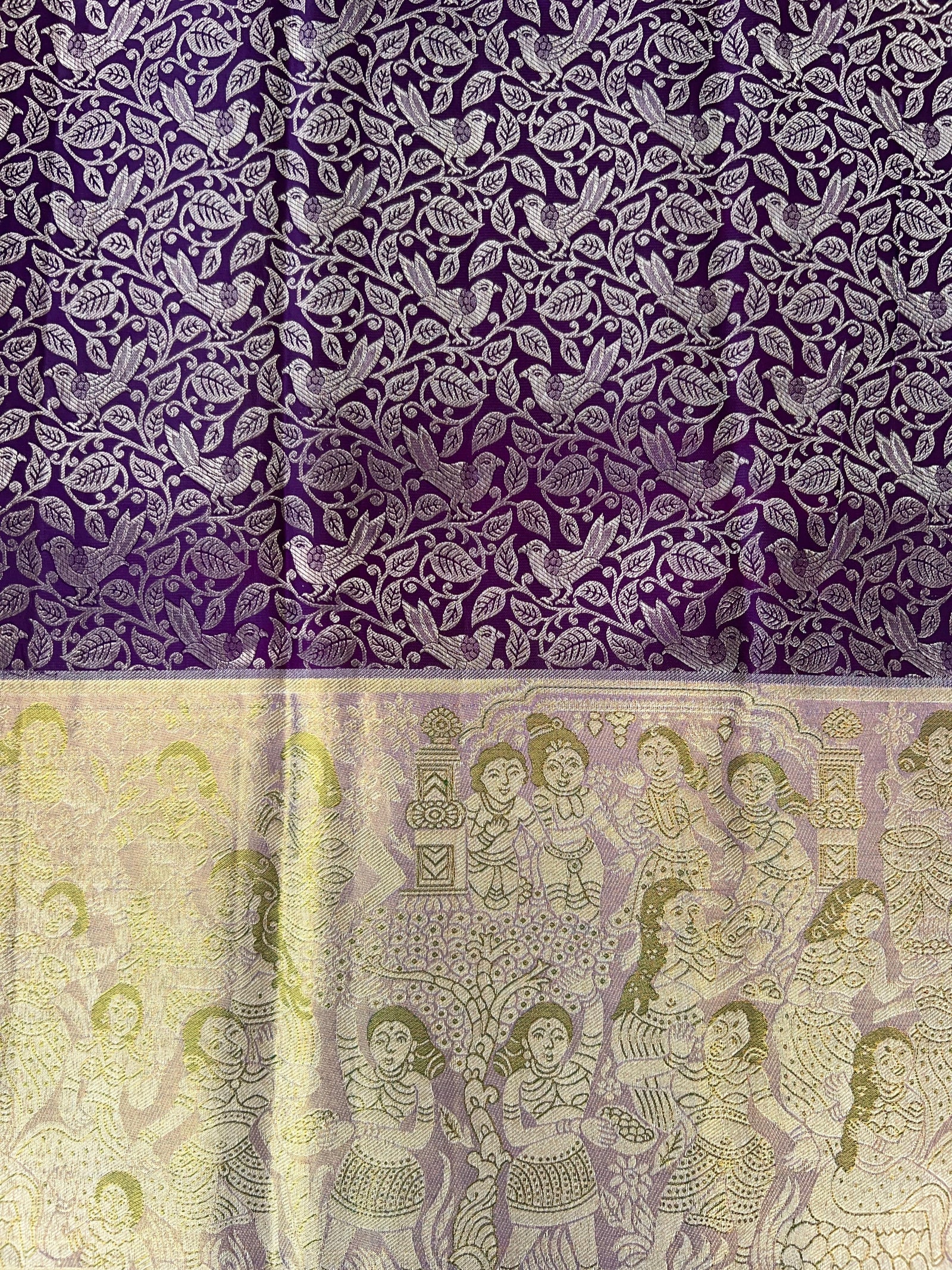 Royal Lavender Pure Kanchi Pattu Saree with Antique Gold Zari & Bird Vine Motif