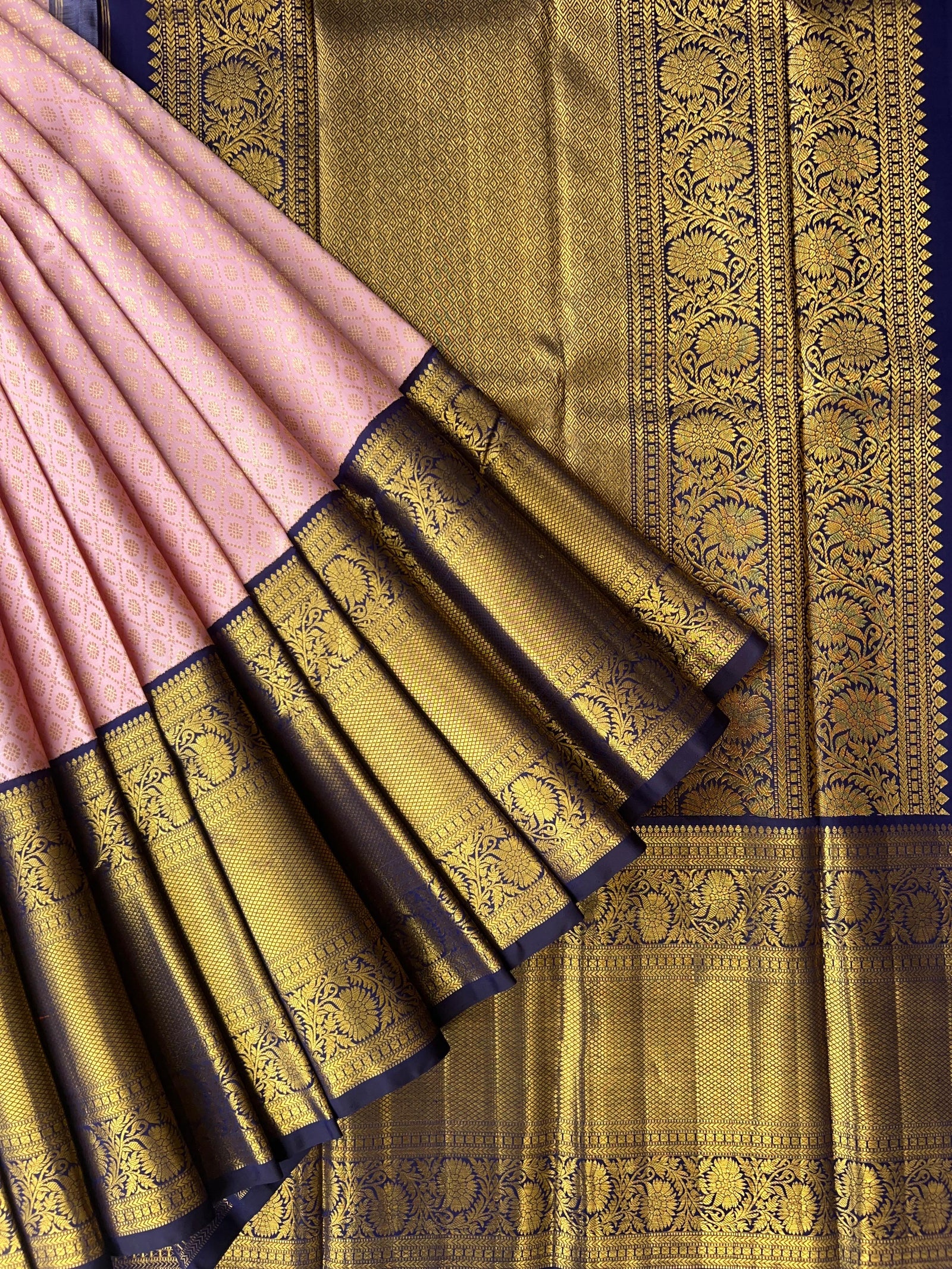 Elegant Pink Pure Kanchi Pattu Silk Saree with Midnight Blue Zari Border