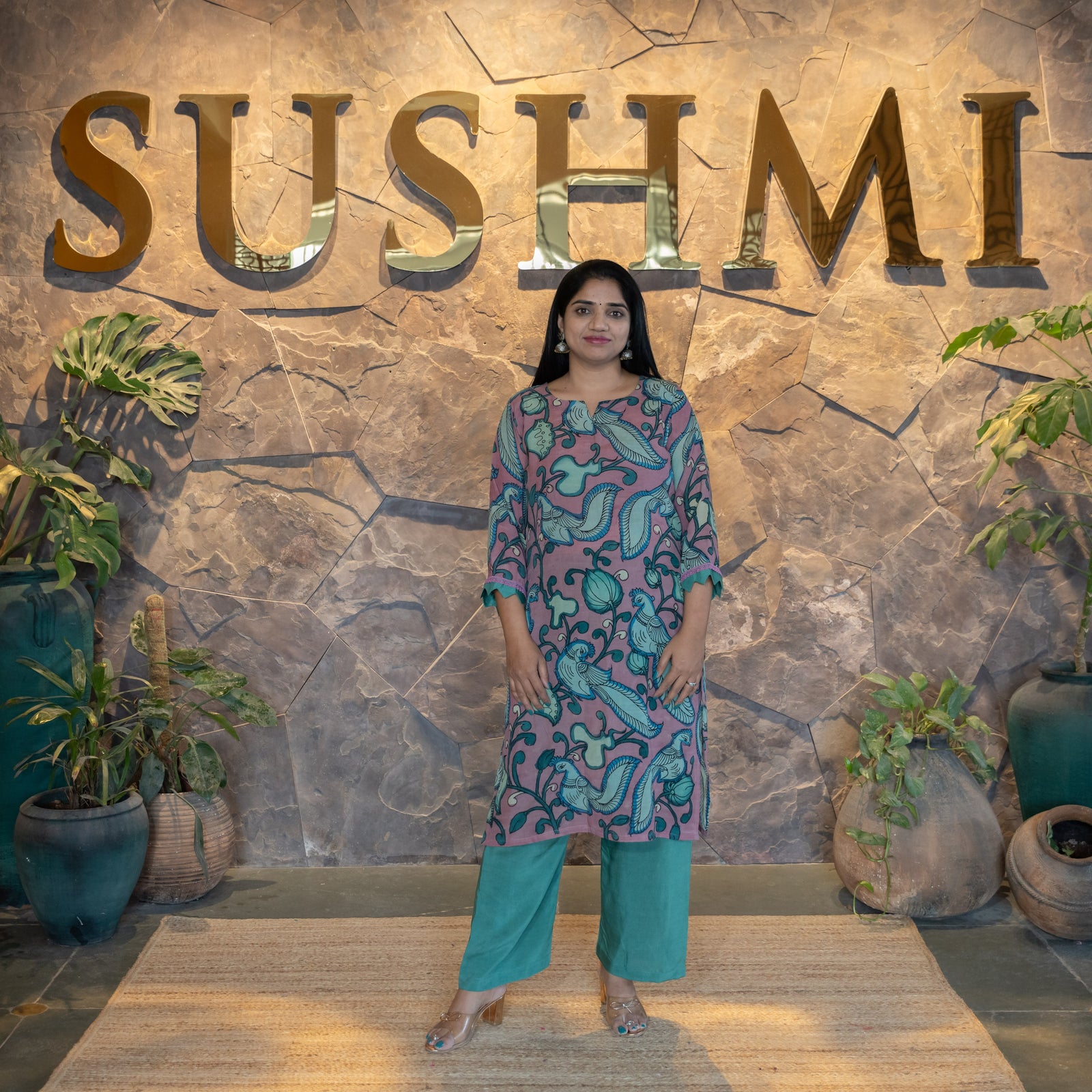 Statement Peacock Pen Kalamkari Silk Coordset