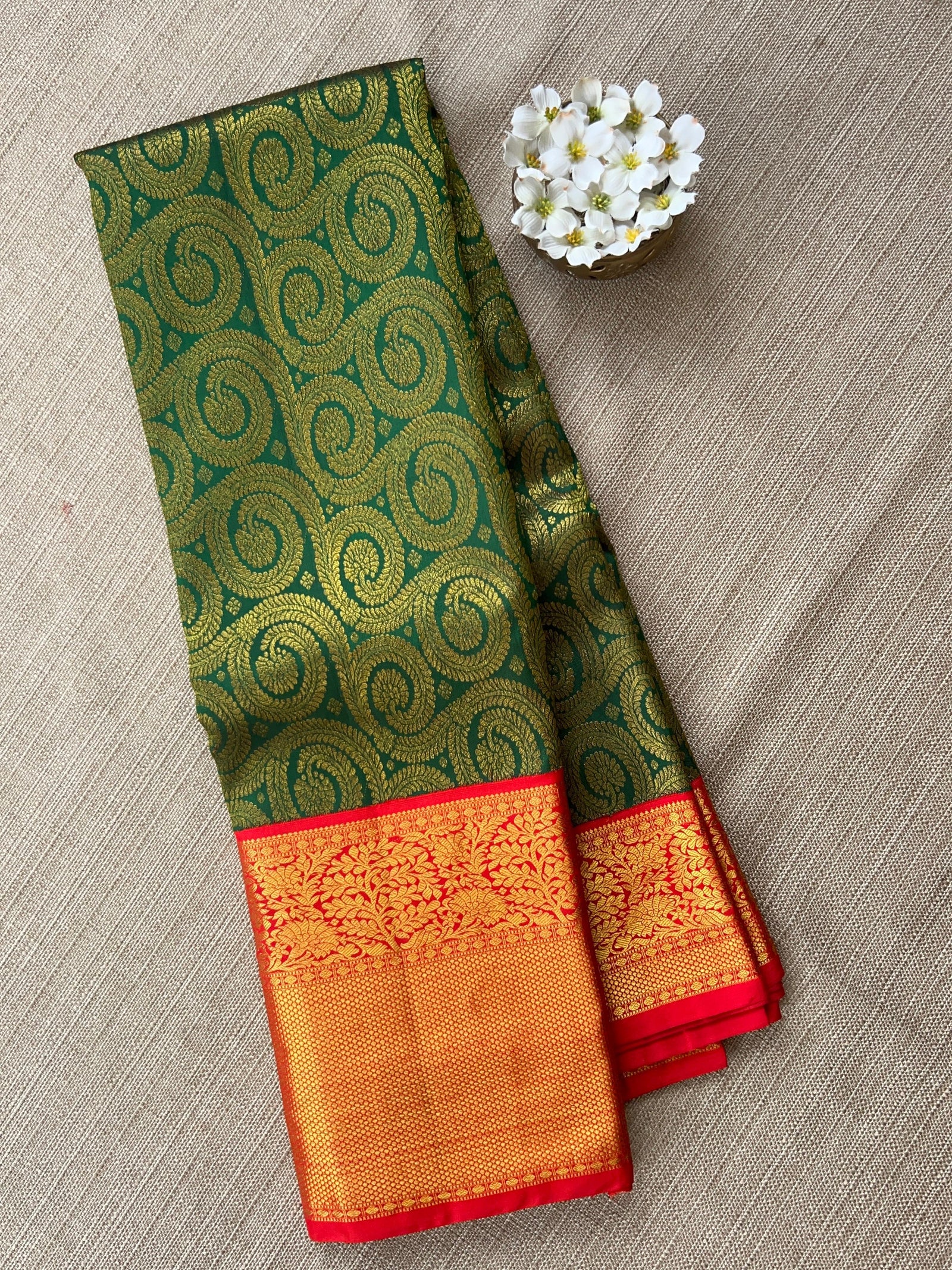 Pure Kanchi Pattu Brocade Saree - Green & Reddish Orange