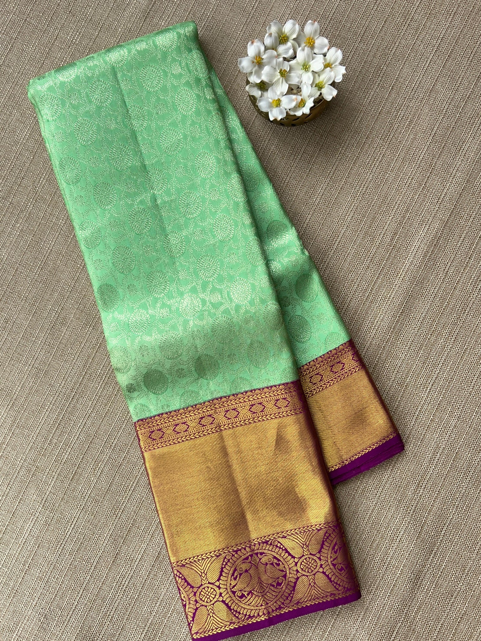 Mint Green Kanchi Pattu Brocade Saree with Rich Purple Zari Border & Pallu