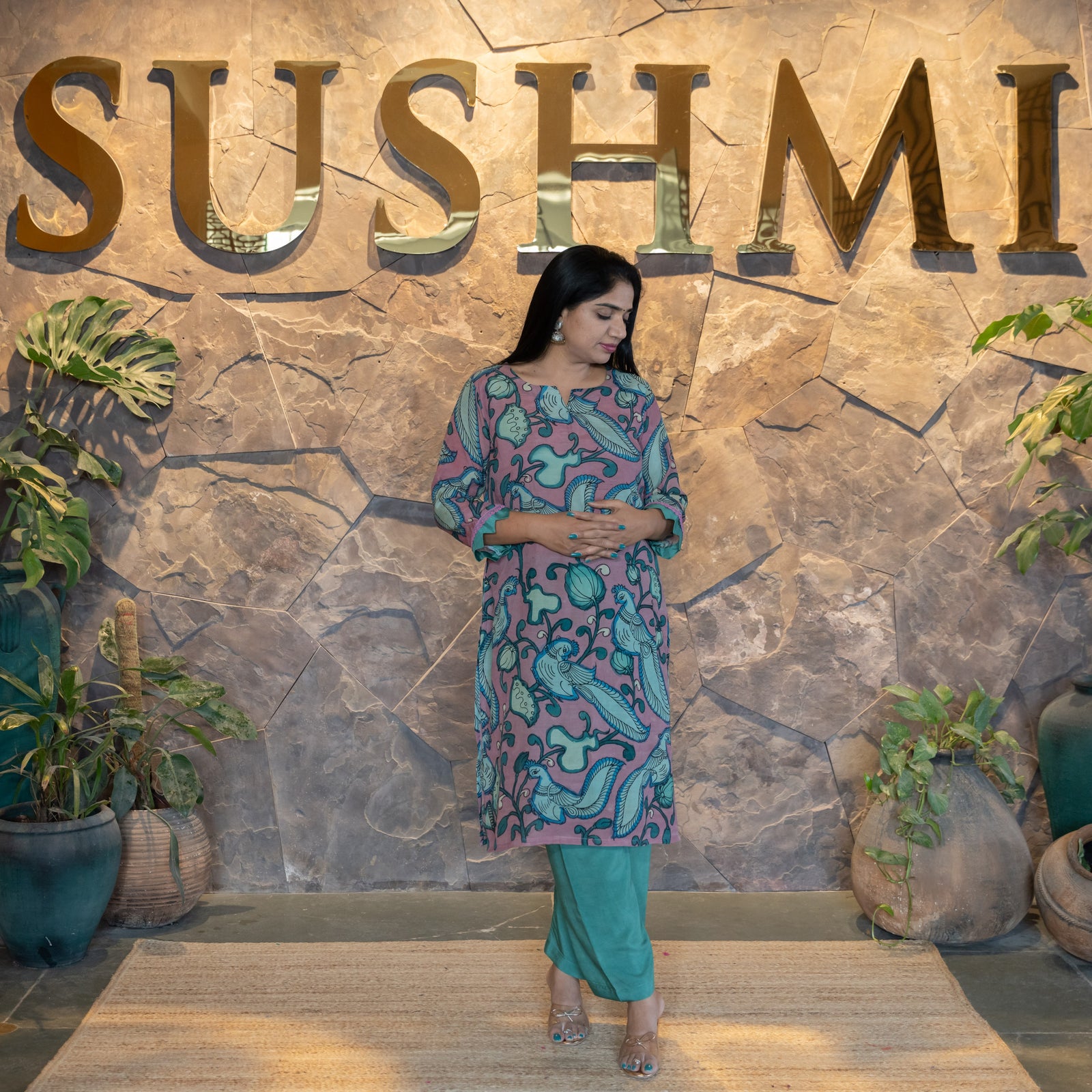 Statement Peacock Pen Kalamkari Silk Coordset