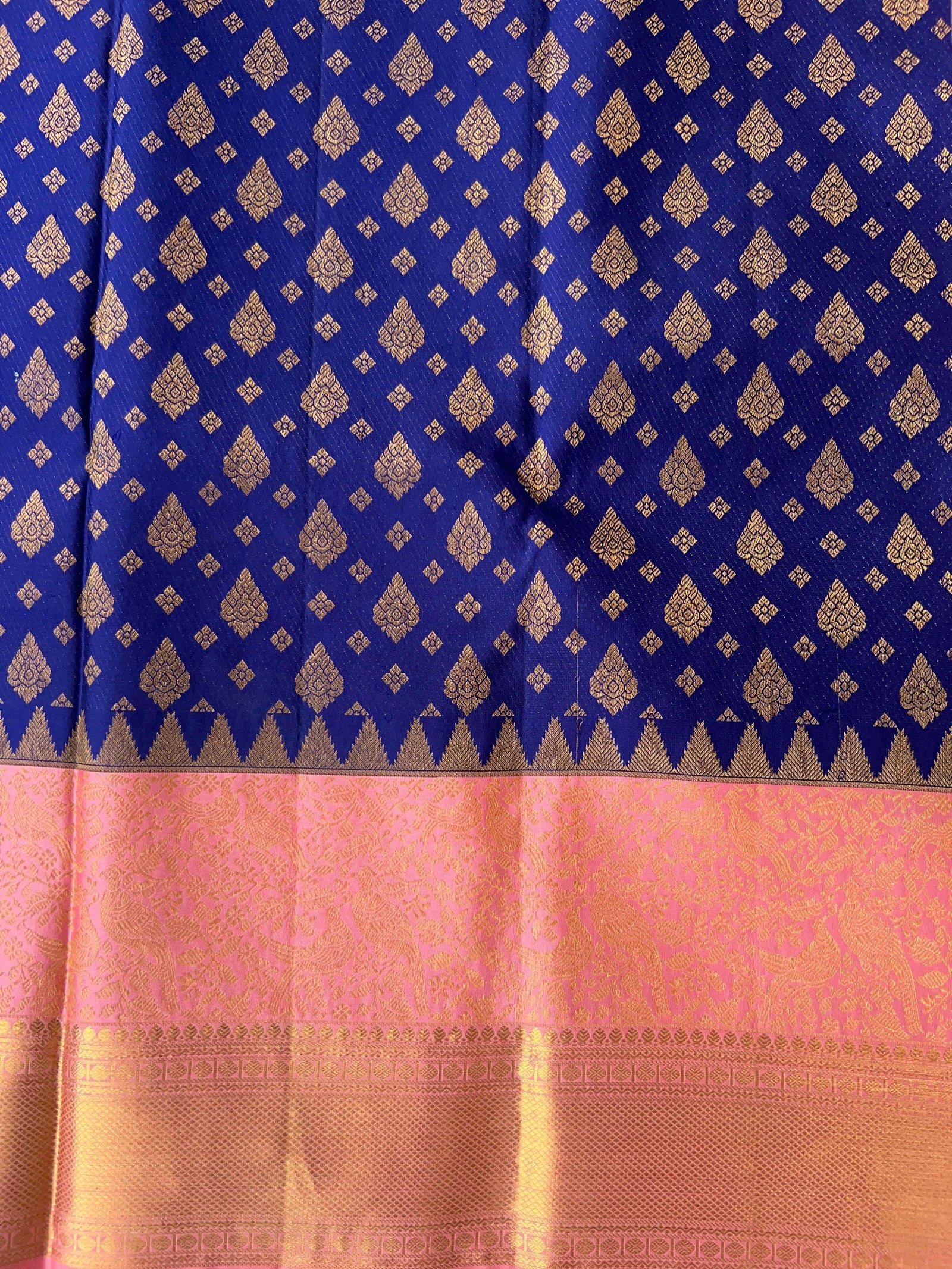 Purplish Blue & Peach Pink Pure Kanchi Pattu Saree