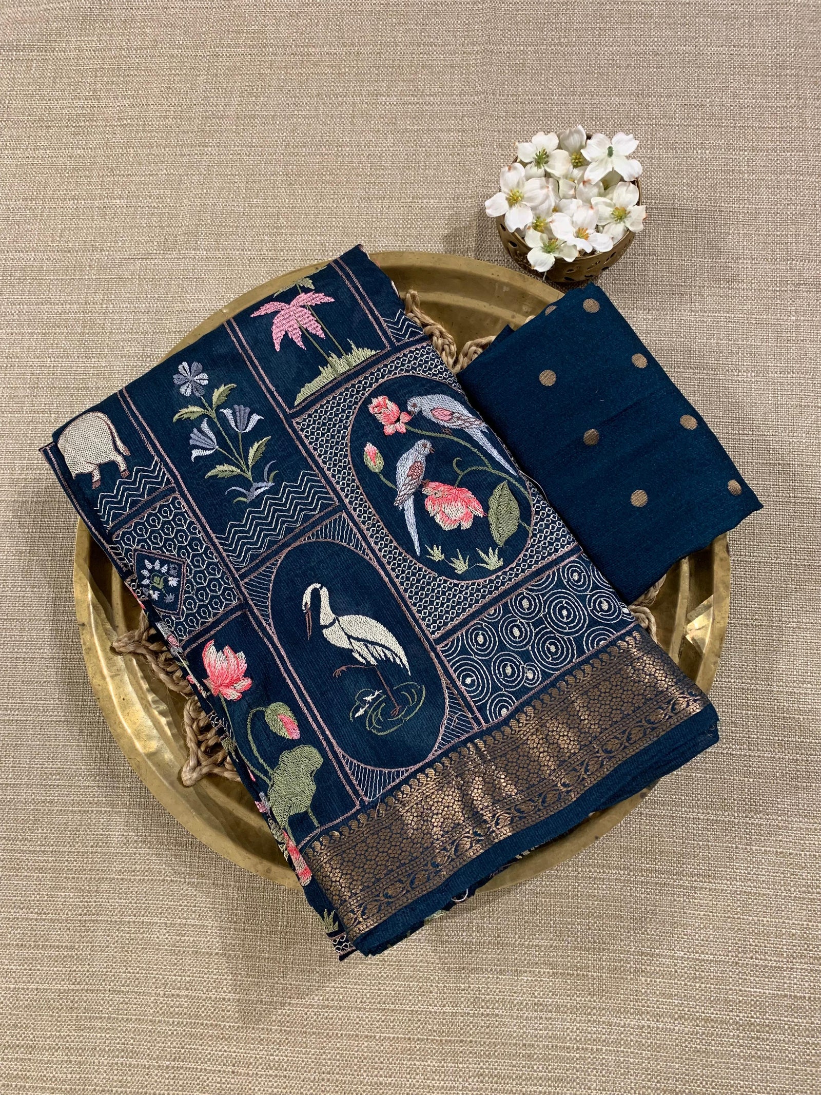 SMSEA107 Peacock Blue Pure Handloom Munga Silk Saree with Pichwai Embroidery