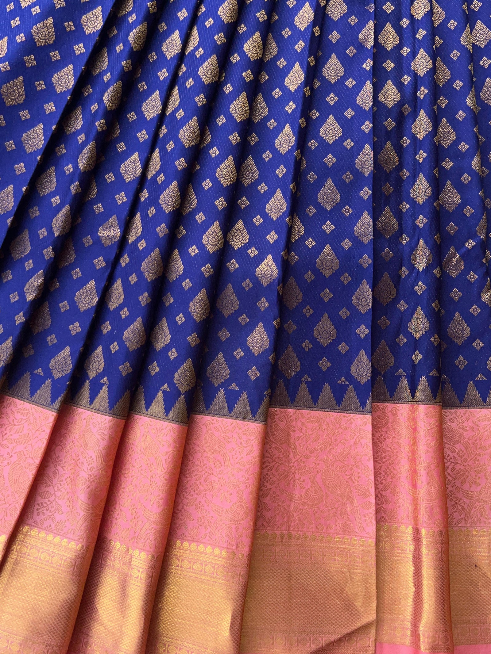 Purplish Blue & Peach Pink Pure Kanchi Pattu Saree
