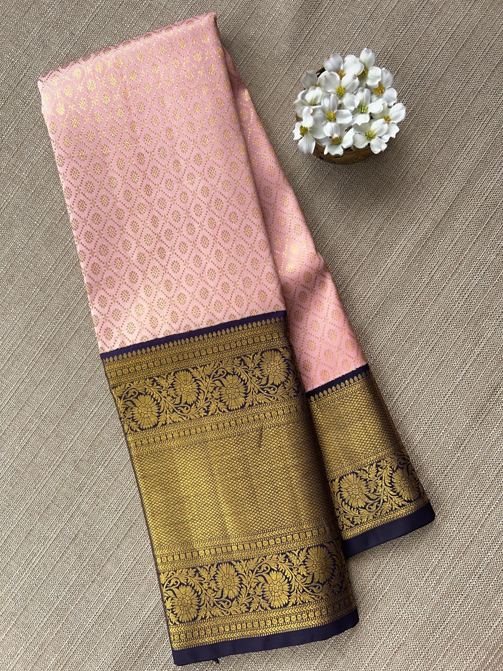 Elegant Pink Pure Kanchi Pattu Silk Saree with Midnight Blue Zari Border