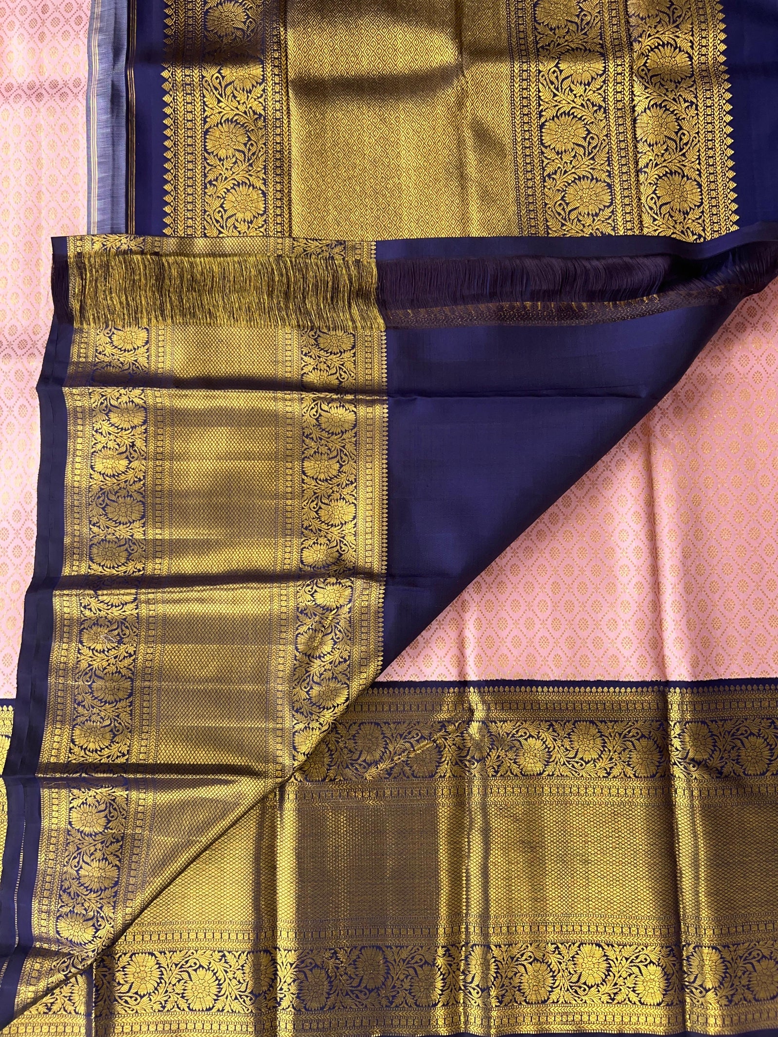 Elegant Pink Pure Kanchi Pattu Silk Saree with Midnight Blue Zari Border