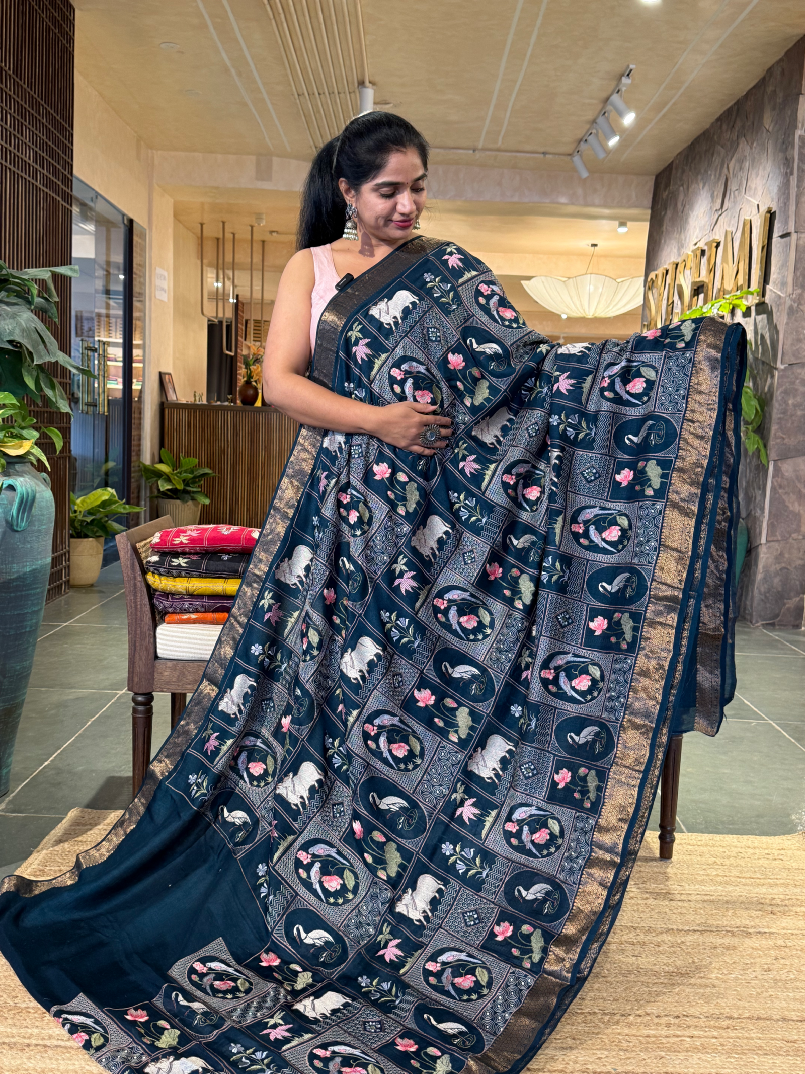 SMSEA107 Peacock Blue Pure Handloom Munga Silk Saree with Pichwai Embroidery