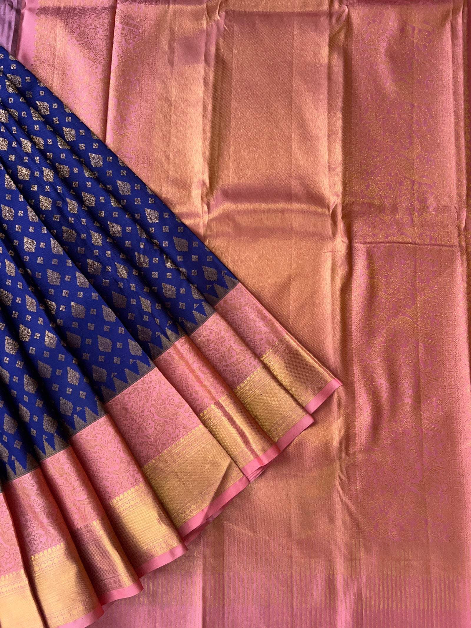 Purplish Blue & Peach Pink Pure Kanchi Pattu Saree