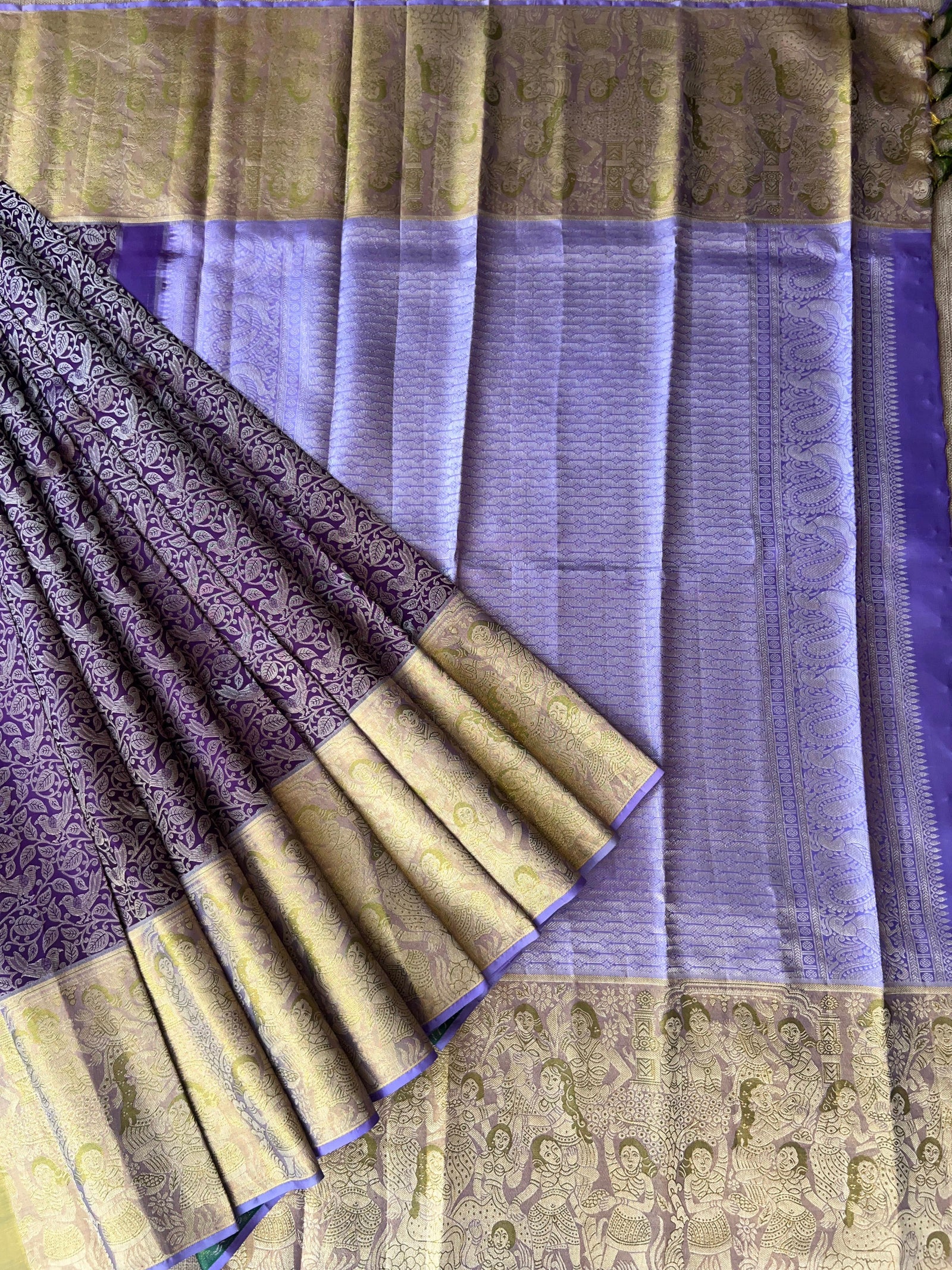 Royal Lavender Pure Kanchi Pattu Saree with Antique Gold Zari & Bird Vine Motif