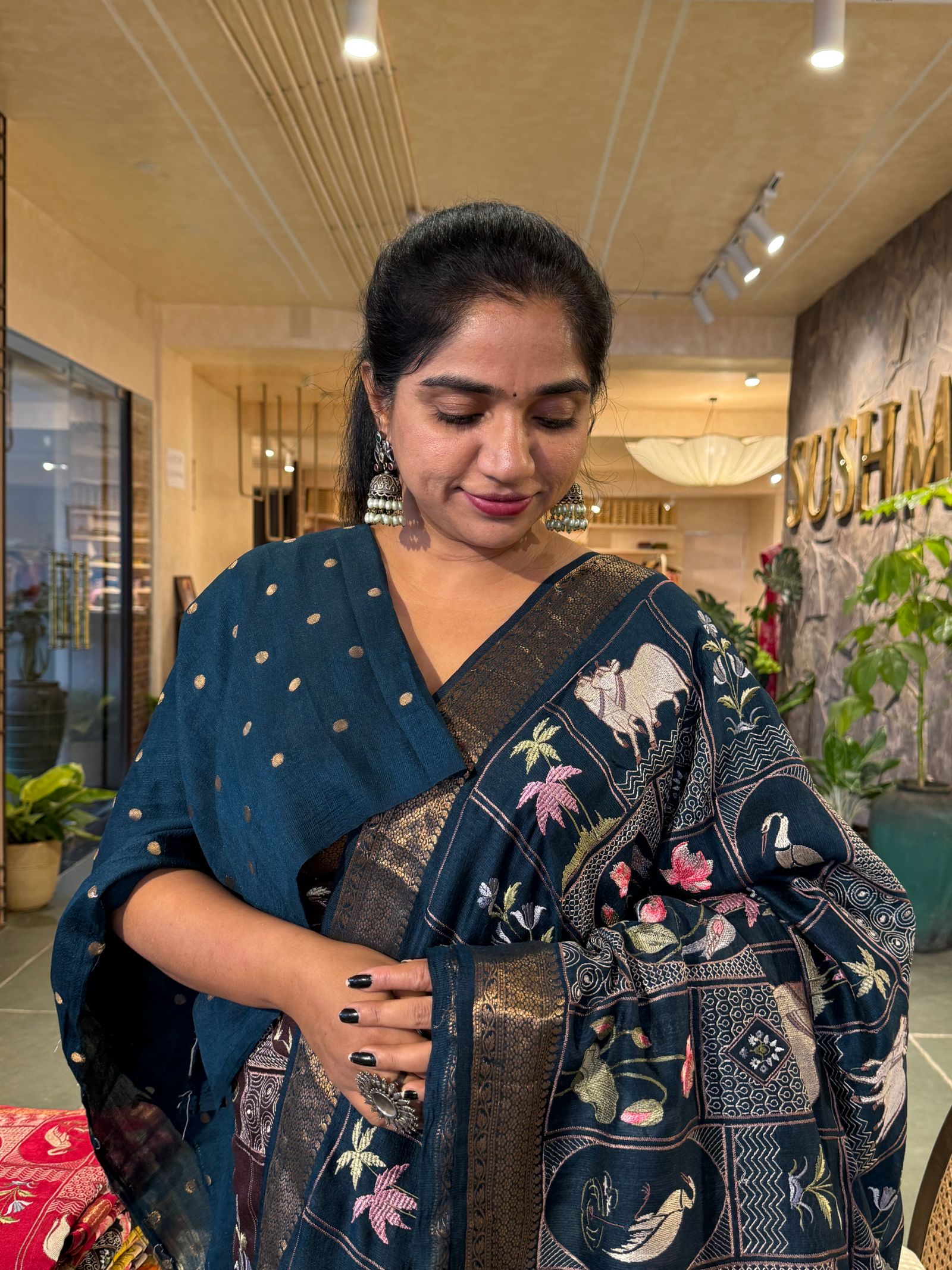 SMSEA107 Peacock Blue Pure Handloom Munga Silk Saree with Pichwai Embroidery