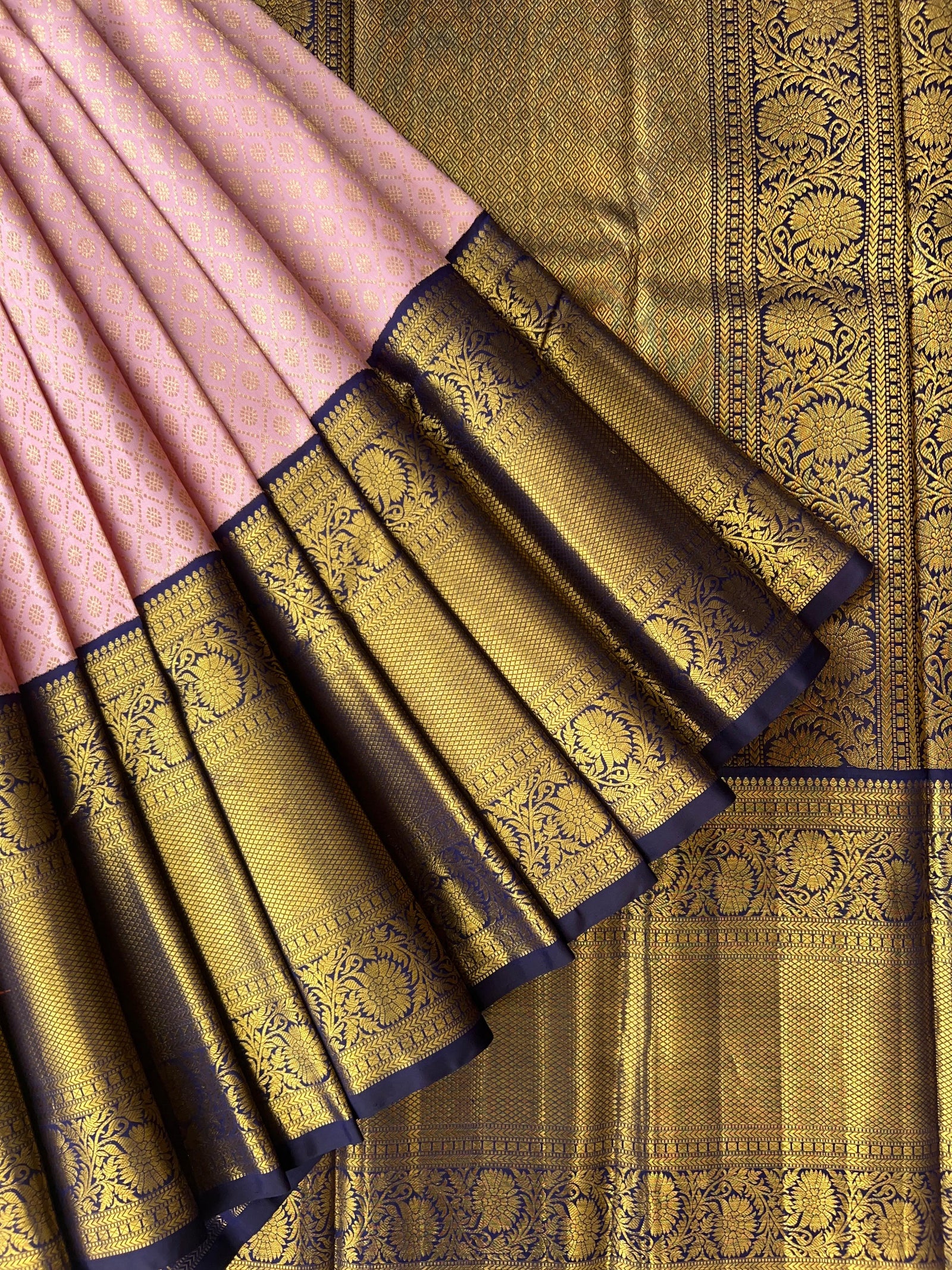 Elegant Pink Pure Kanchi Pattu Silk Saree with Midnight Blue Zari Border