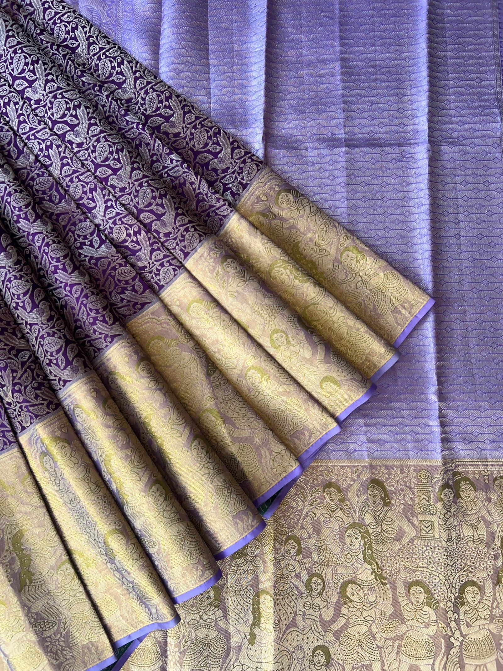 Royal Lavender Pure Kanchi Pattu Saree with Antique Gold Zari & Bird Vine Motif