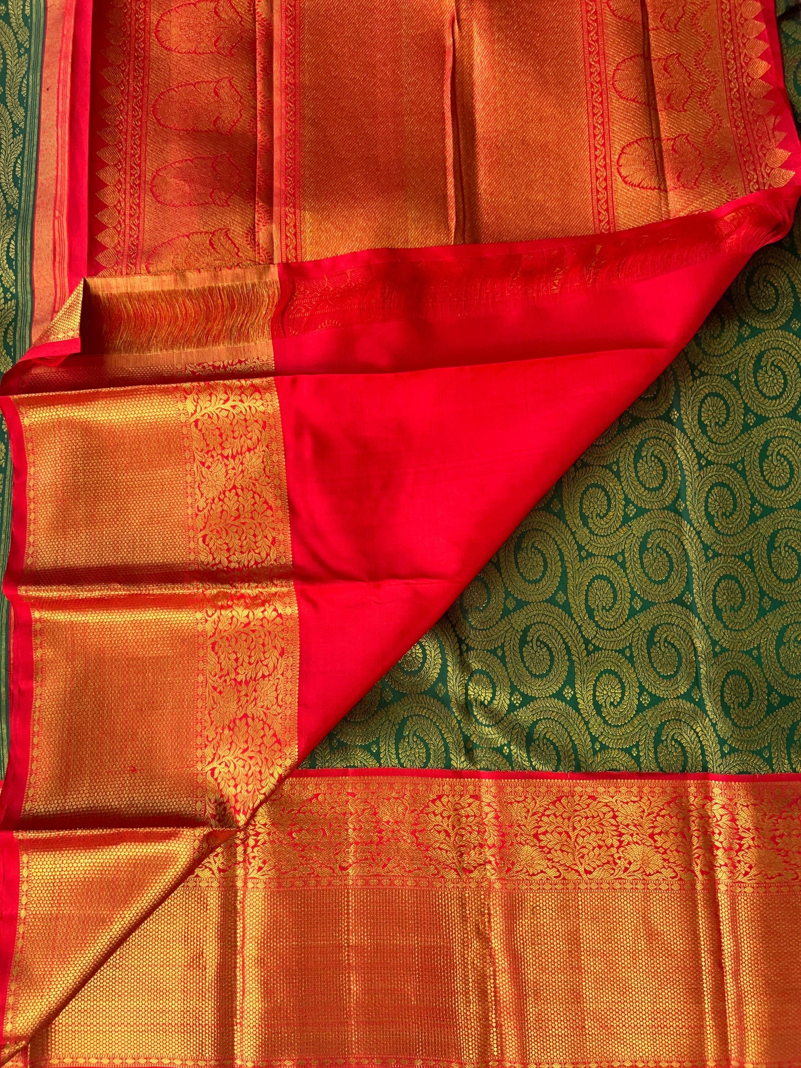 Pure Kanchi Pattu Brocade Saree - Green & Reddish Orange