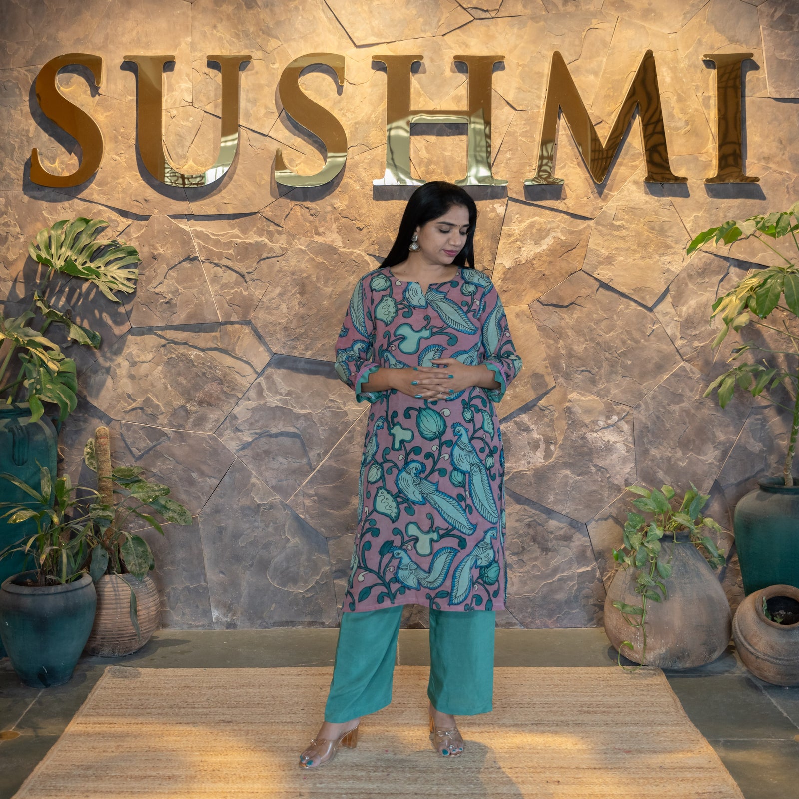 Statement Peacock Pen Kalamkari Silk Coordset