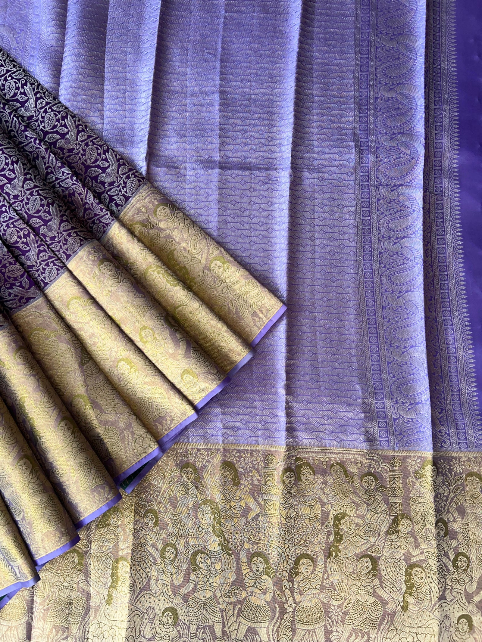 Royal Lavender Pure Kanchi Pattu Saree with Antique Gold Zari & Bird Vine Motif