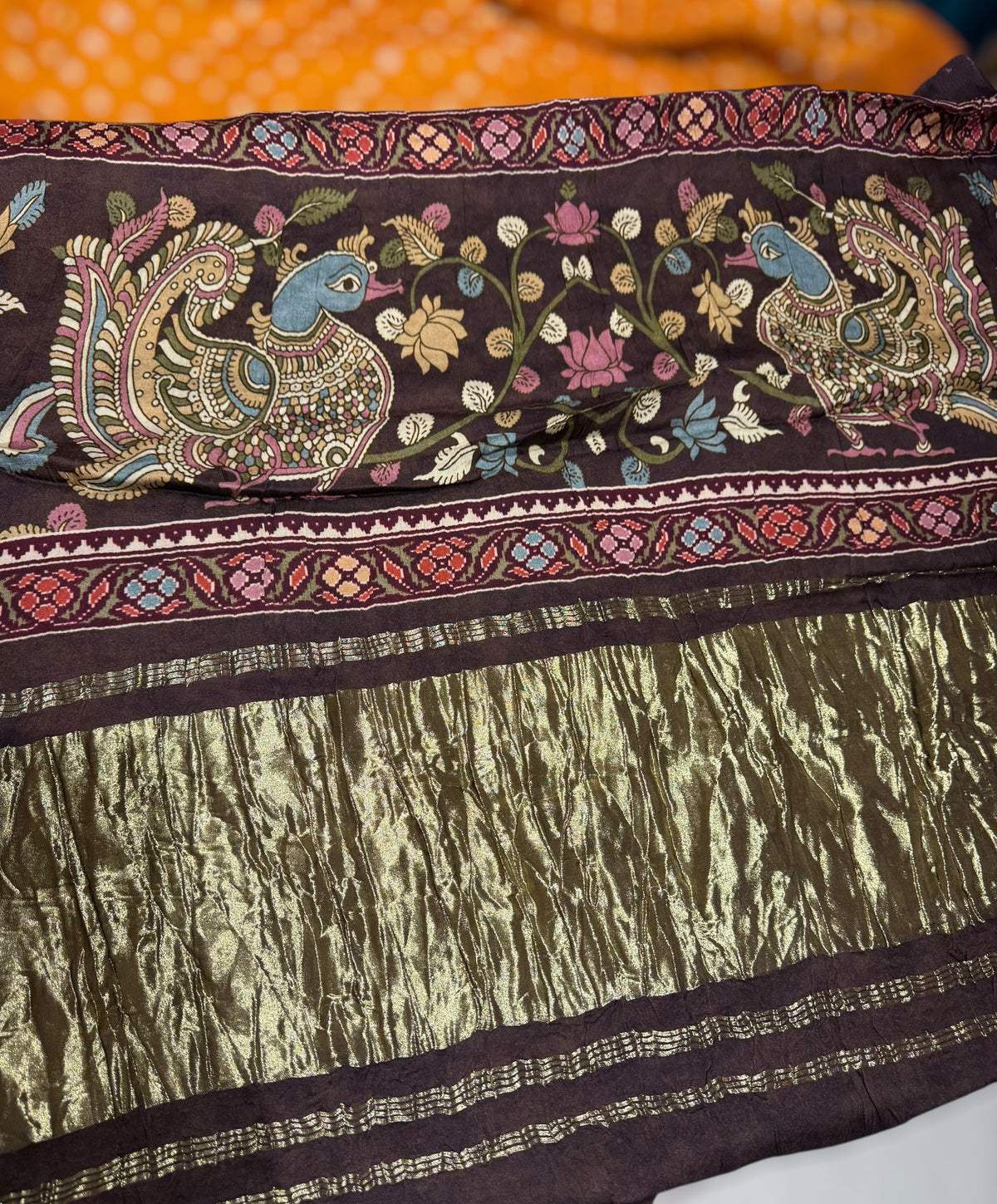 Mustard bandhini kalamkari modal satin saree