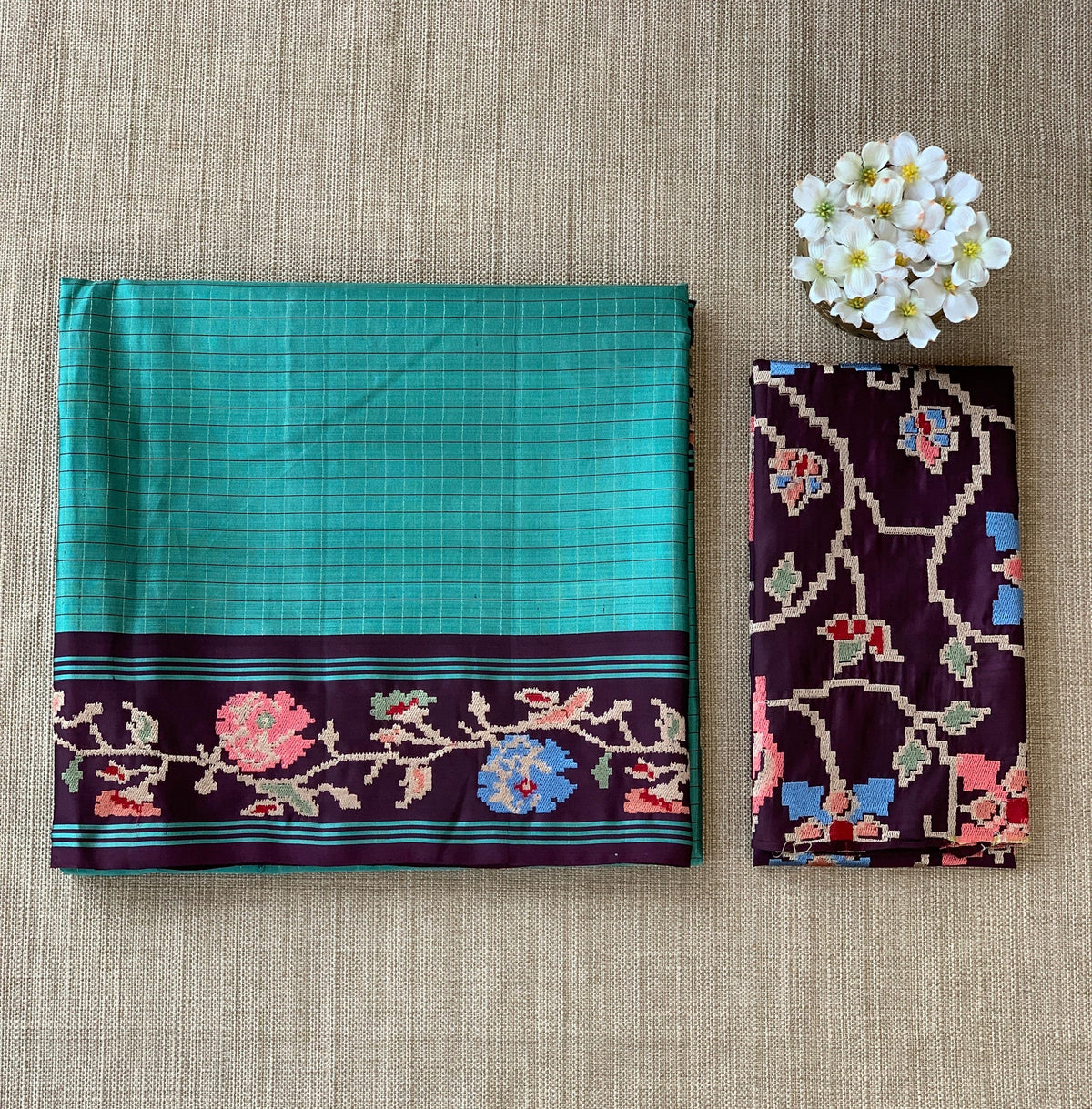 Teal & Grape Wine Combo Vintage Kanchi soft silk saree with embroidery