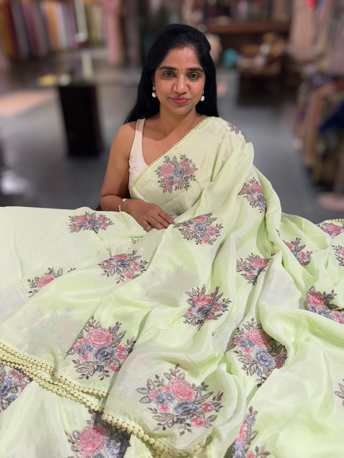 Apple Green chinnon with embroidery