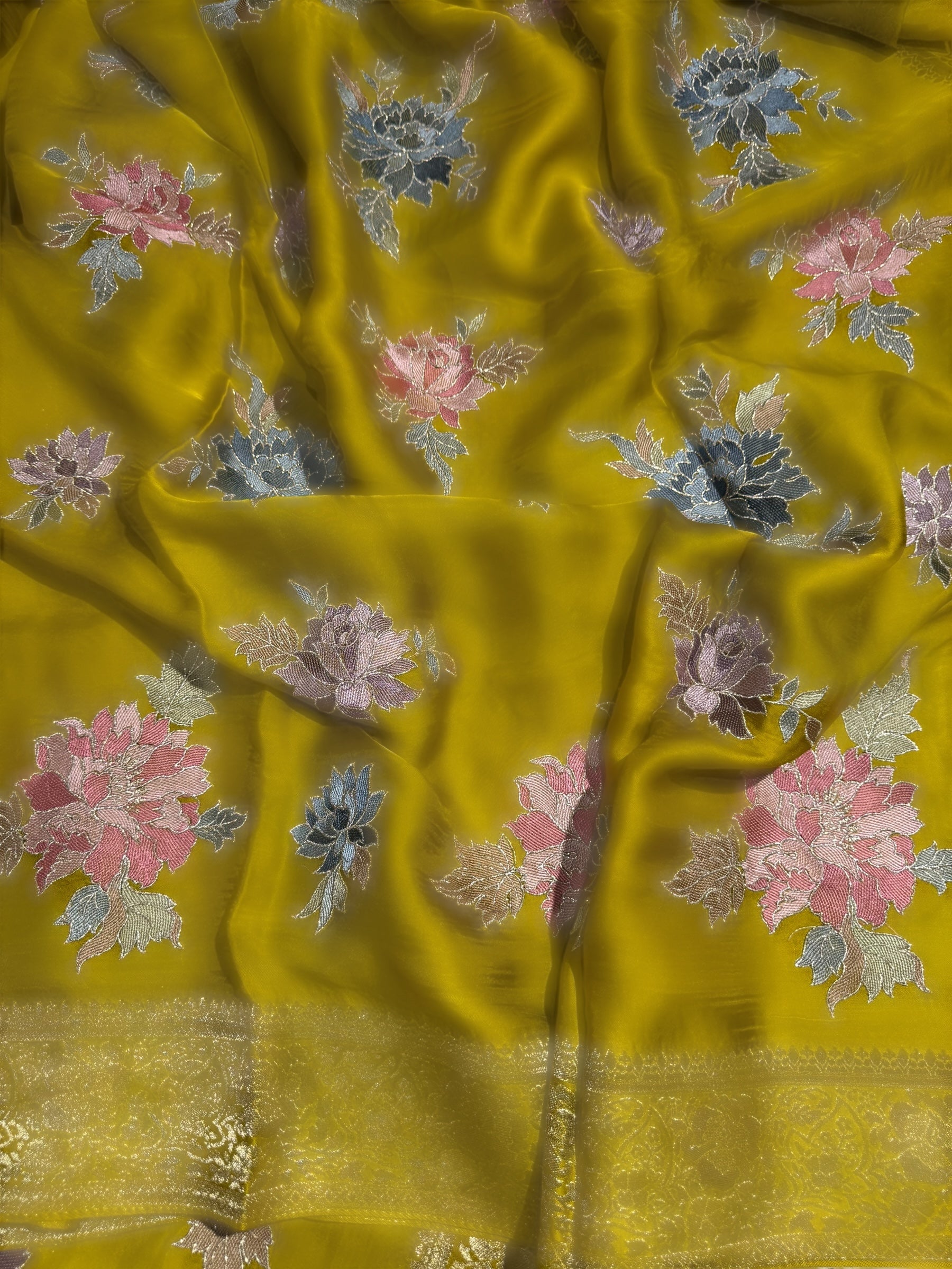 Lemon Greenish Yellow Mashru Satin Saree with Allover Floral embroidery