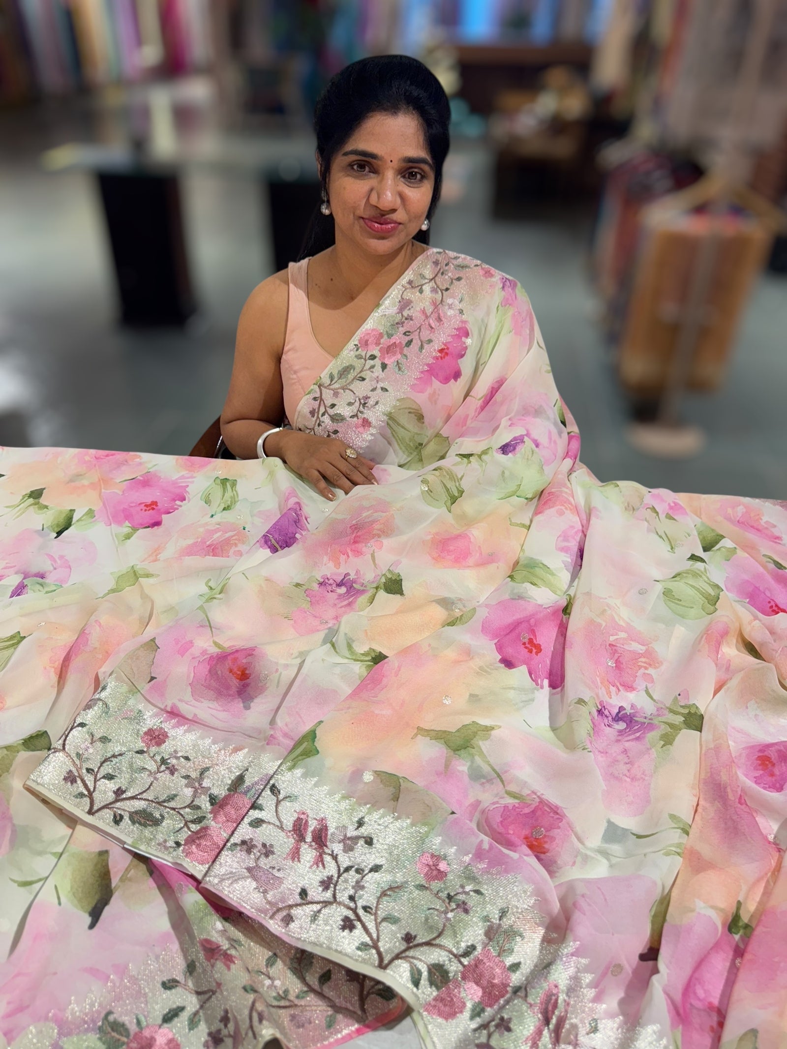 Ivory  Printed georgette Saree With Tissue Embroidered Border