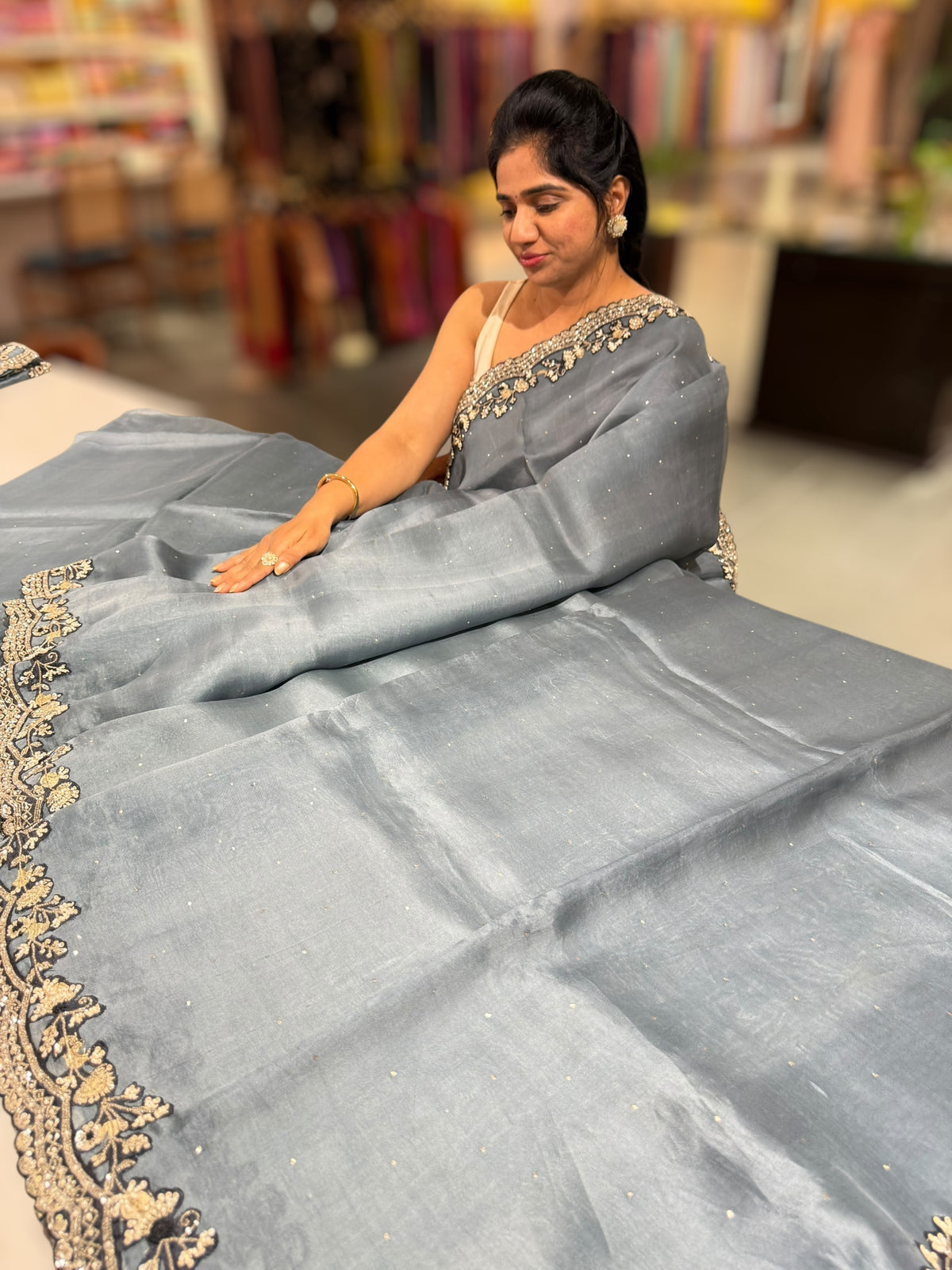 Grey pure organza with handwork