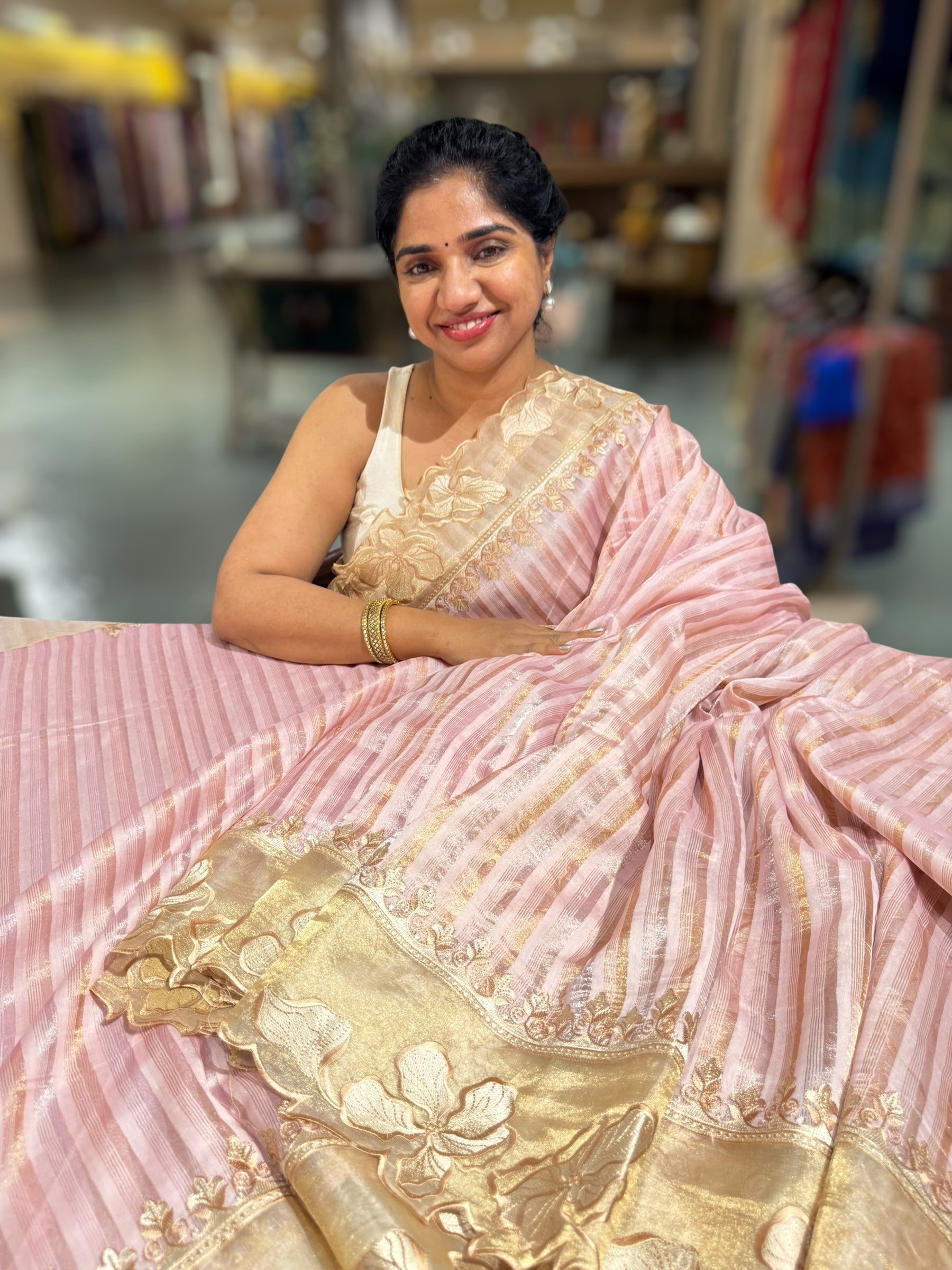 Pastel Pink Mul Tissue Stripes Saree With Tissue Cutwork  Border & Blouse
