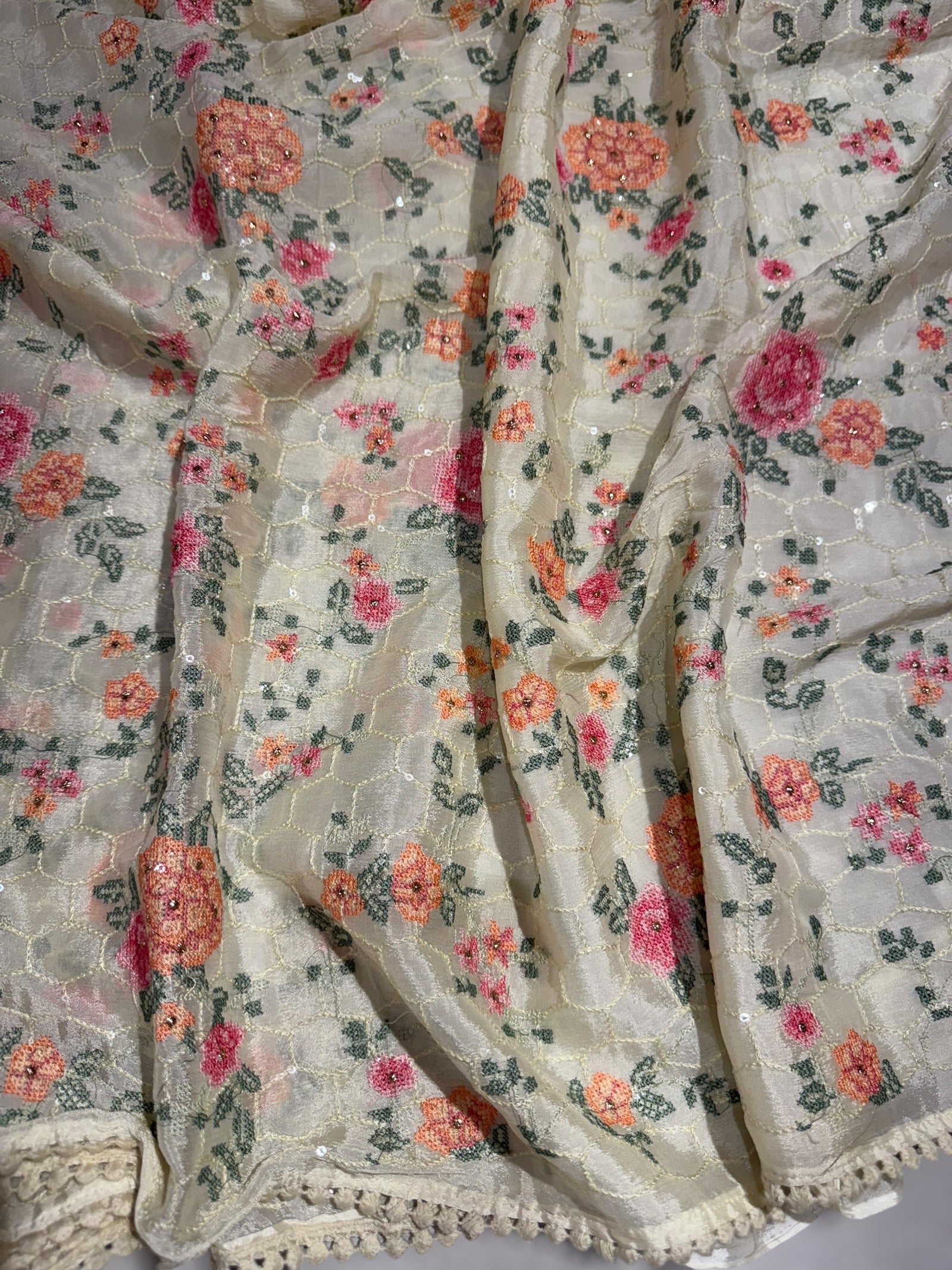 Ivory Chinnon saree with allover petite point embroidery