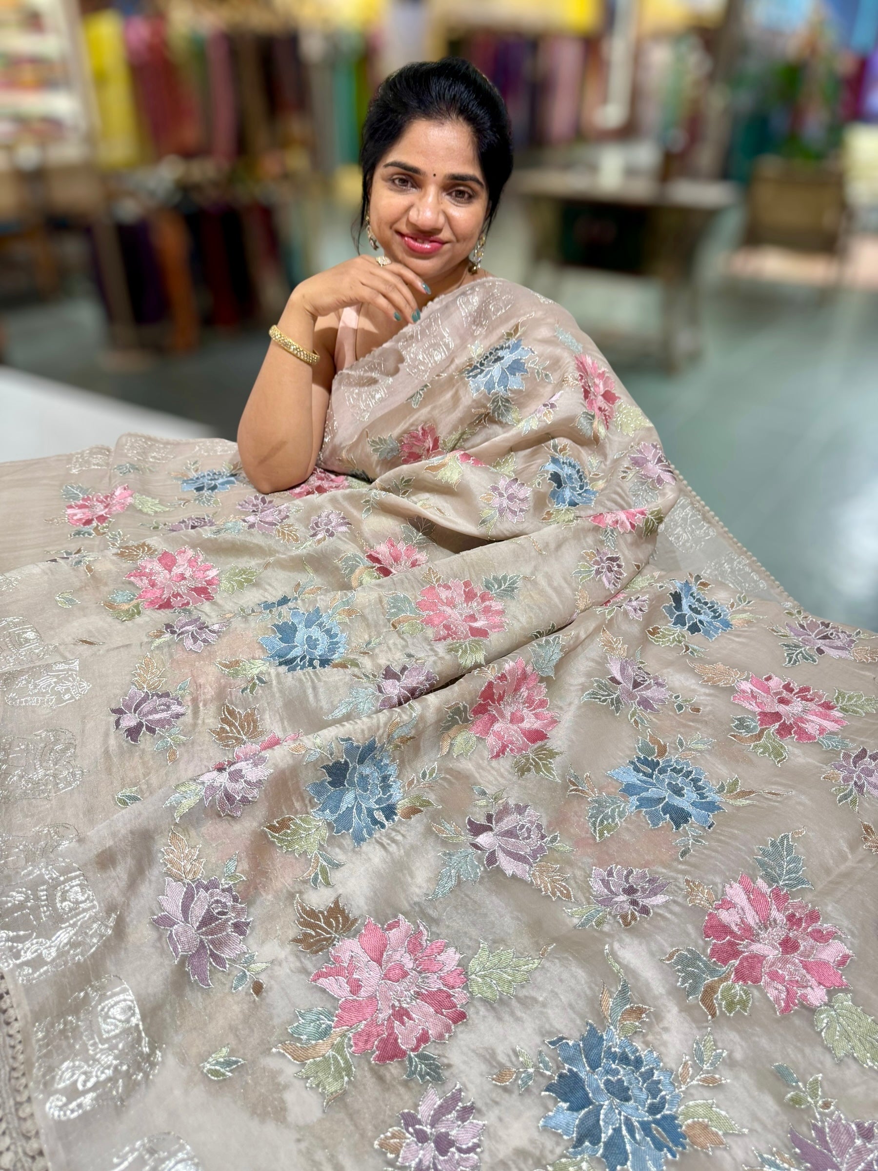 Taupe Organza Saree with Allover floral Thread Embroidery