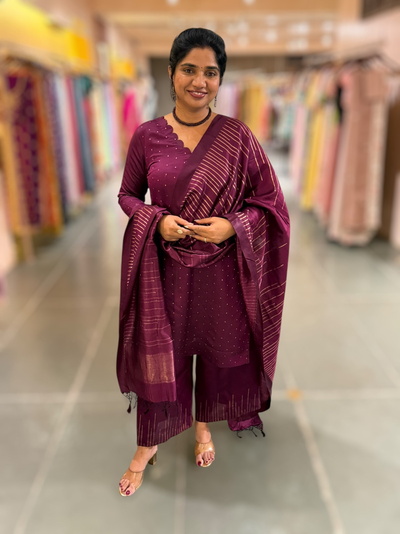 Wine Banarasi Handloom Chiniya Silk 3-pc Suit Set