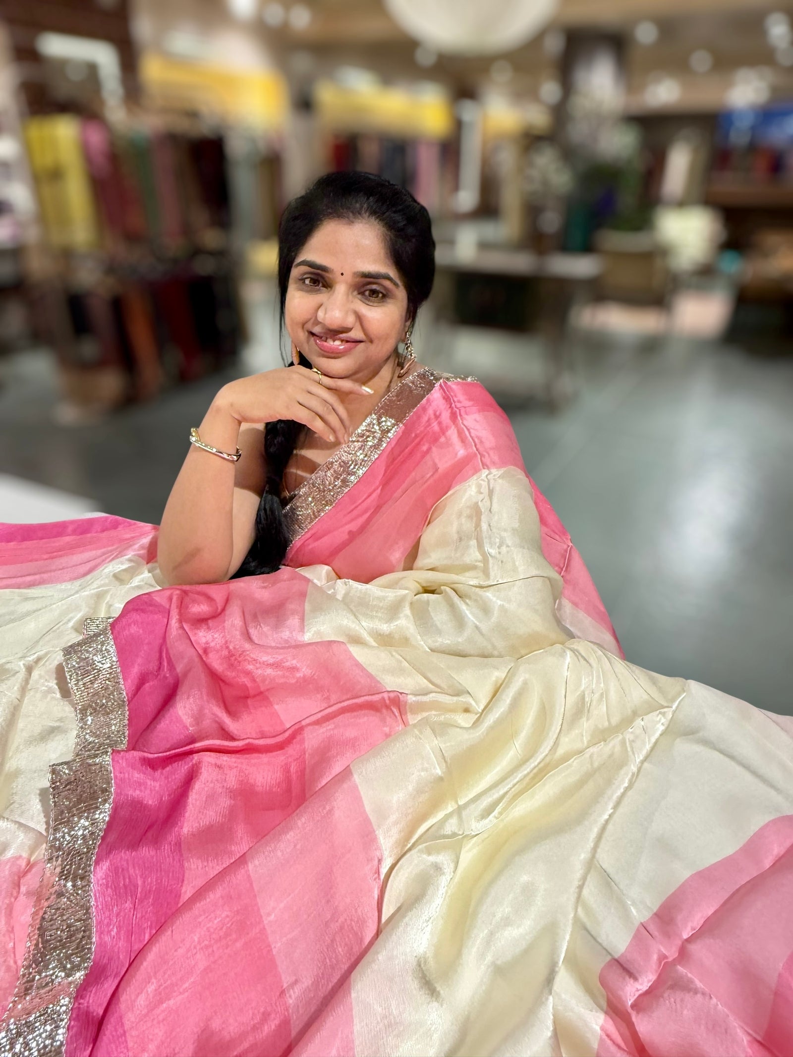 Ivory & Neon Pink Combo Chinnon Crepe Saree with Gotapatti Borders