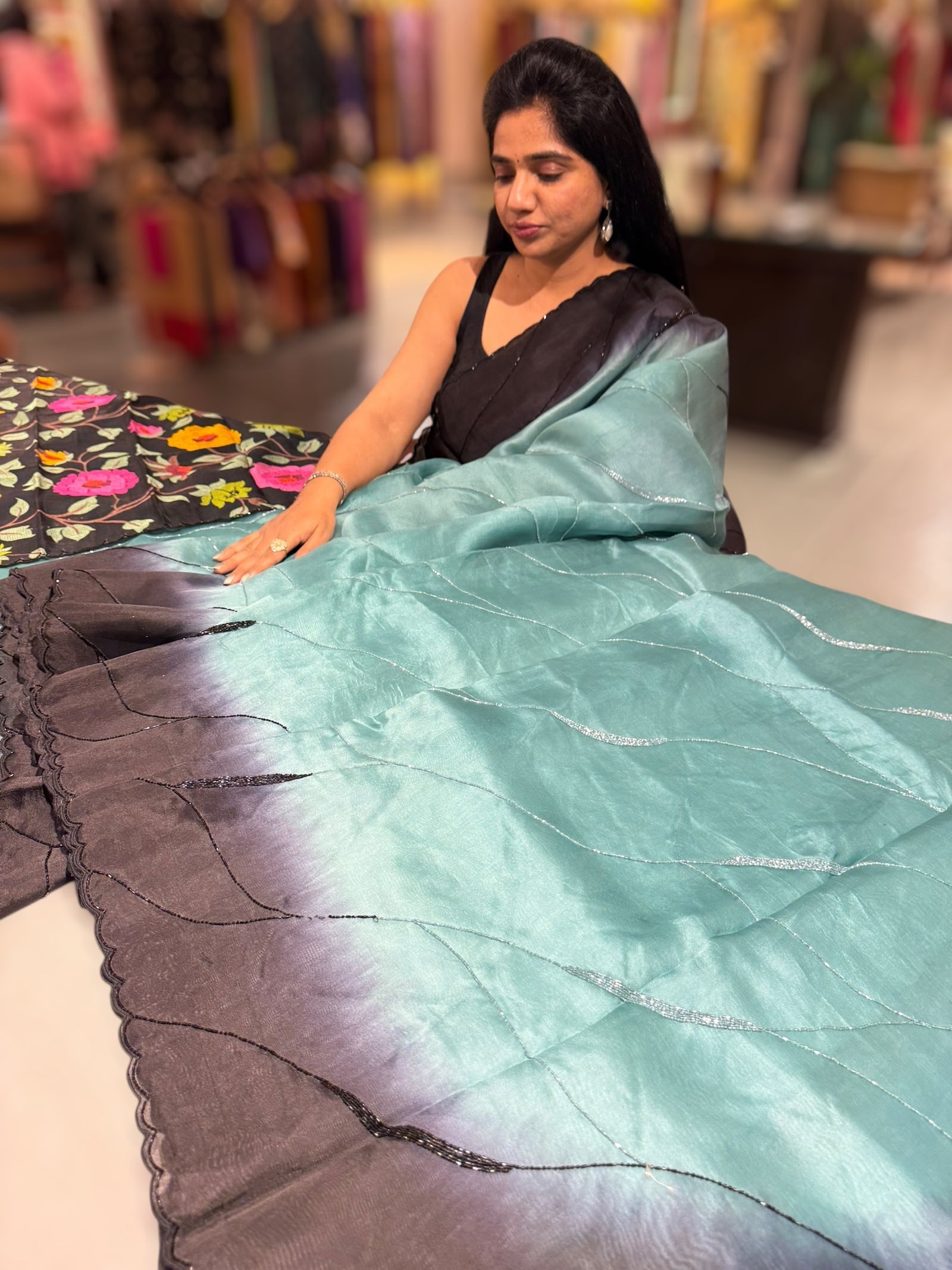 Teal & Black Ombre Dyed Pure Organza handwork saree