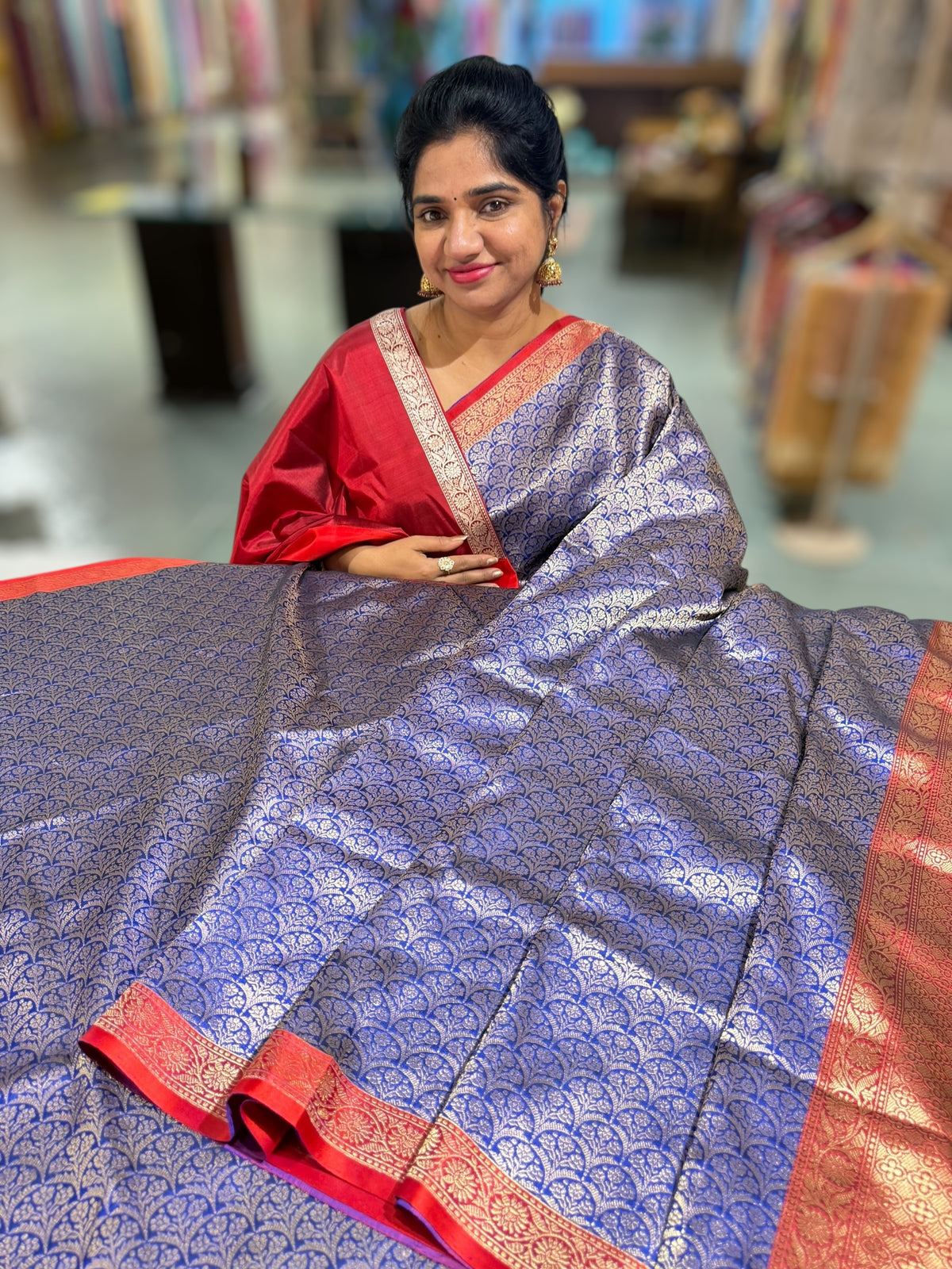 Royal blue Banarasi katan Tonchoi weaving Saree with red Mashru borders