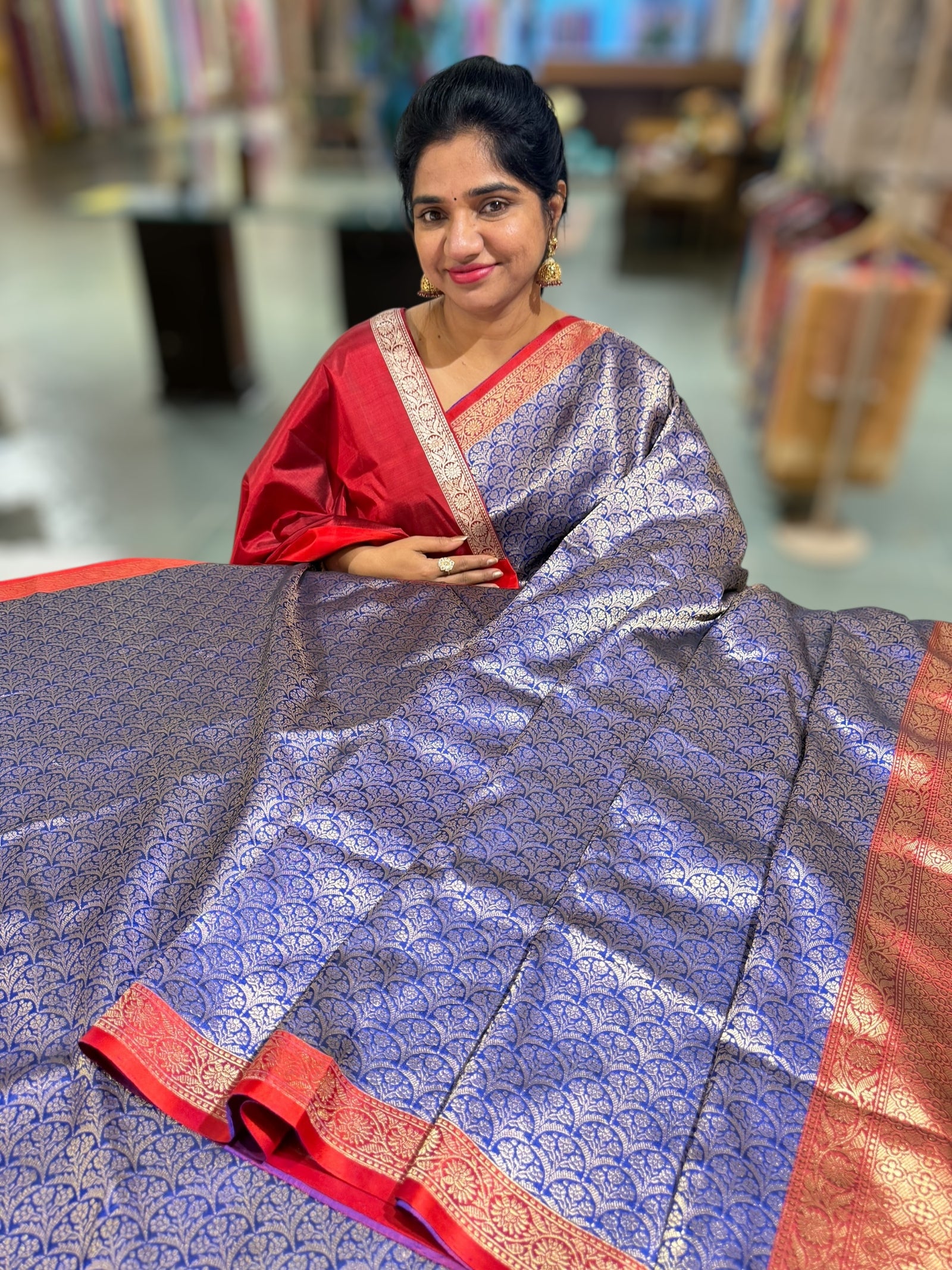Royal blue Banarasi katan Tonchoi weaving Saree with red Mashru borders