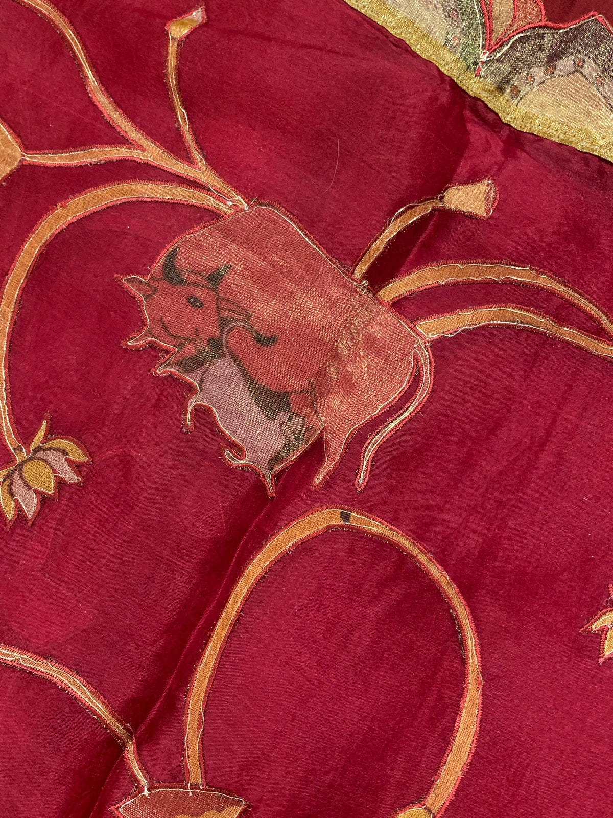 Dark Red Designer Organza Saree with Stunning Tissue Applique work Saree with Village theme