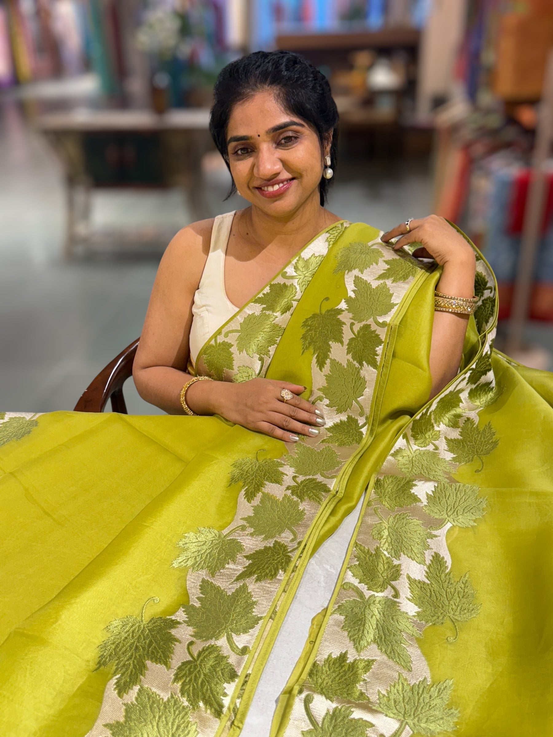 Lime Green Organza Saree with Stunning Leaf Embroidered Border